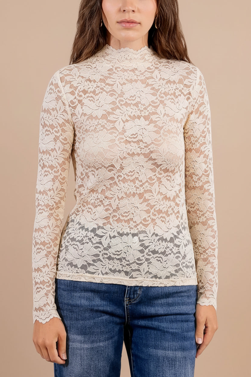 Sarida Beige Sheer Fitted Lace Top | Boutique 1861 front model