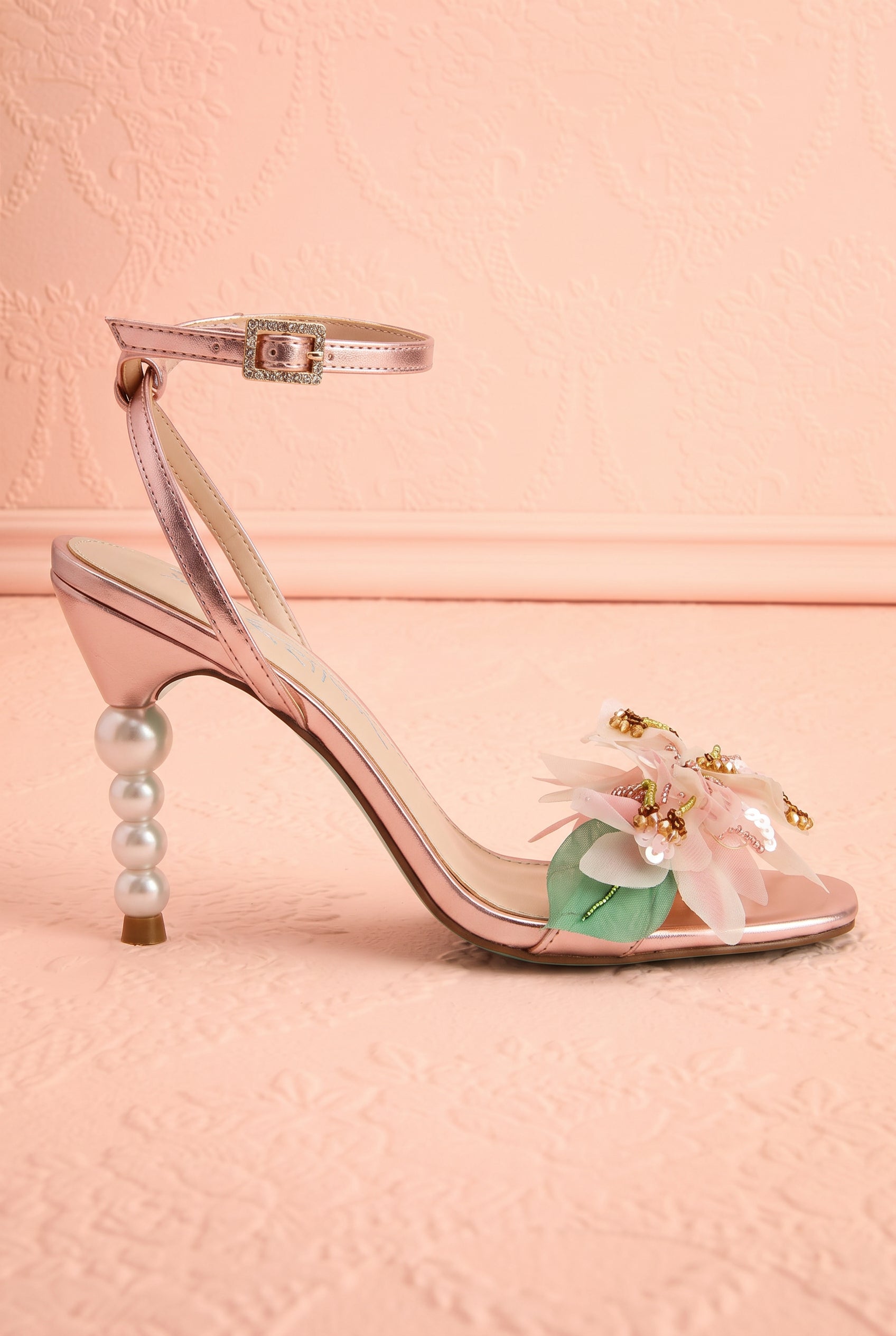 Kasie | Pink High Heels with 3D Flowers and Pearls