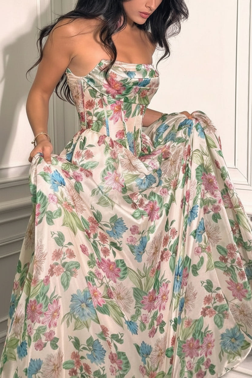 Scottie | Robe Corset Maxi Fleurie avec Bustier Drapé