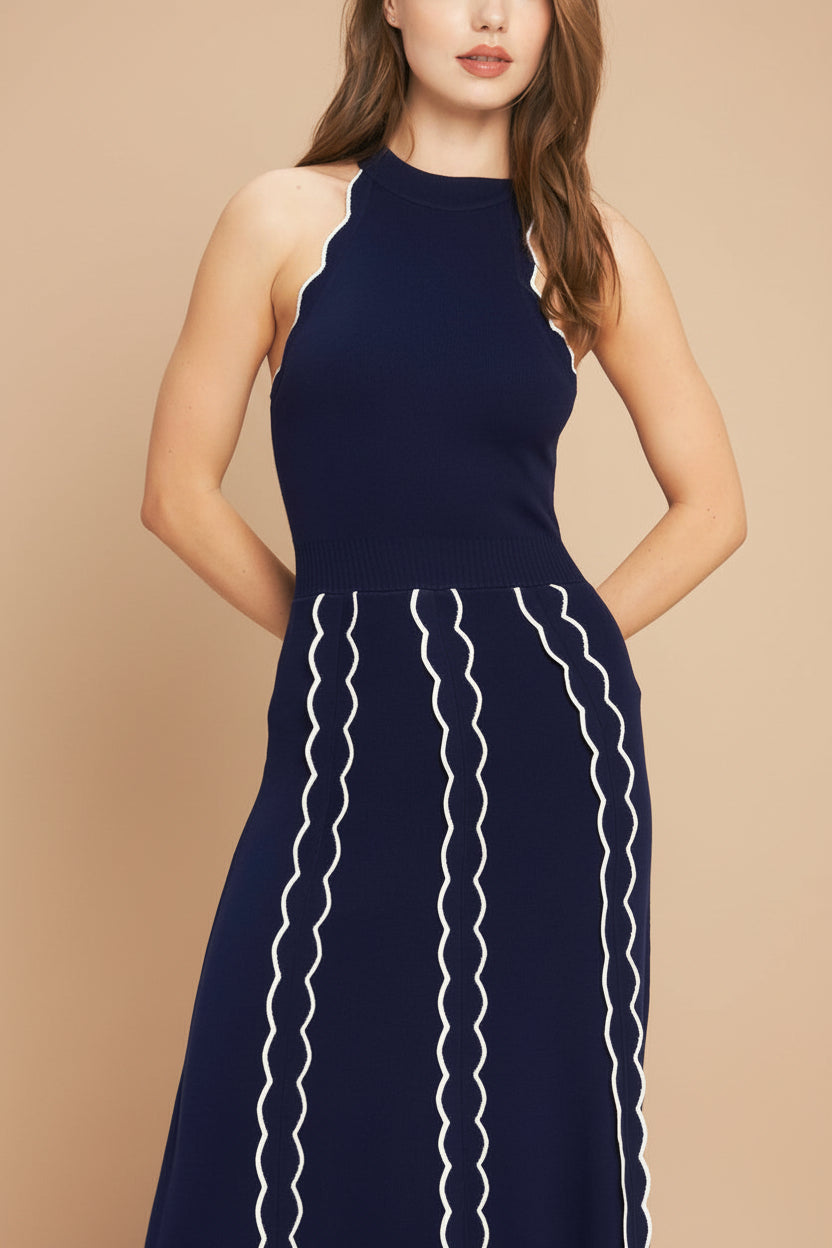 front close-up view of a woman wearing Sharleen Navy Knit Sleeveless Midi Dress from Boutique 1861