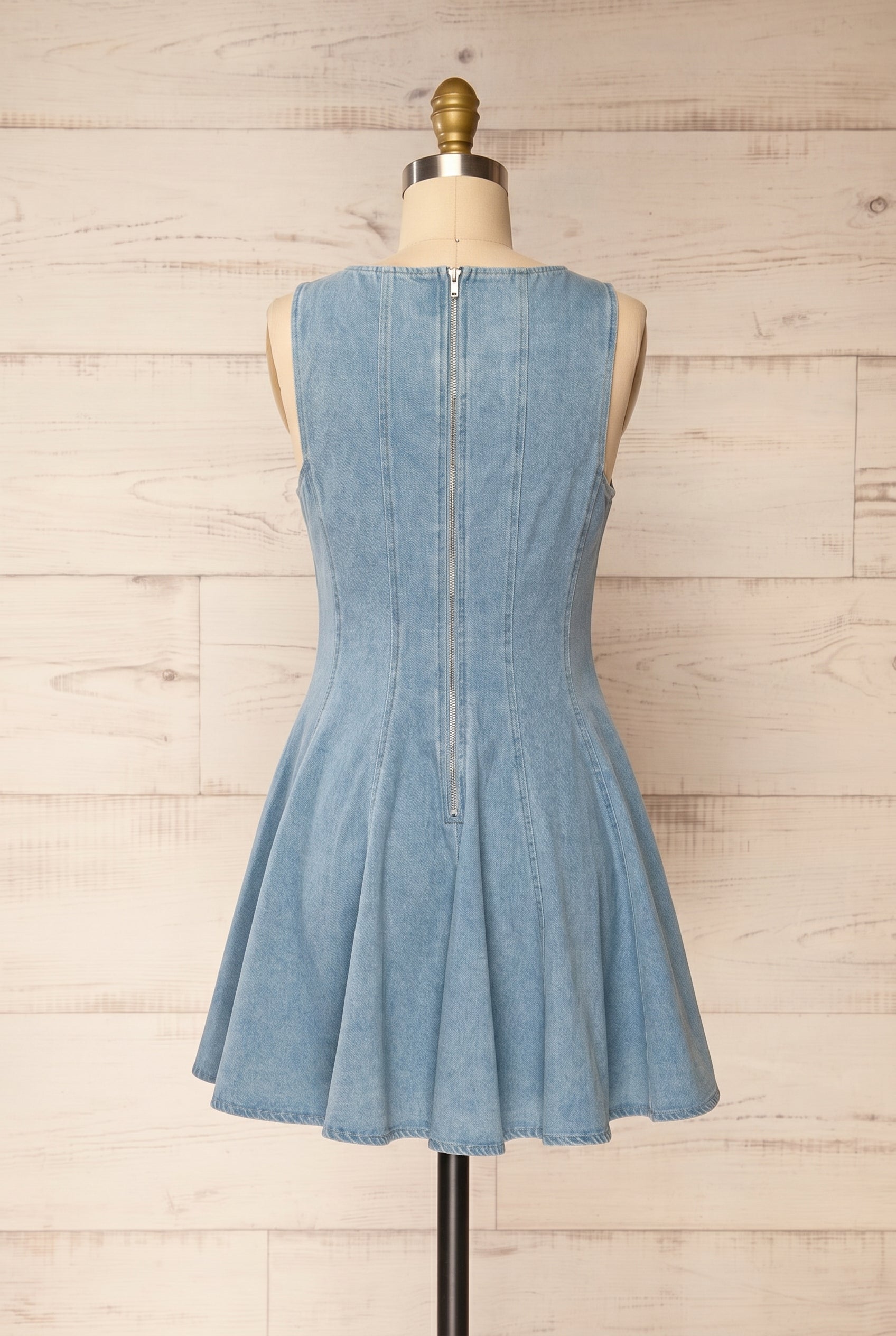 Backview of Sorrento Blue Sleeveless Denim Short A-Line Dress at la petite garçonne
