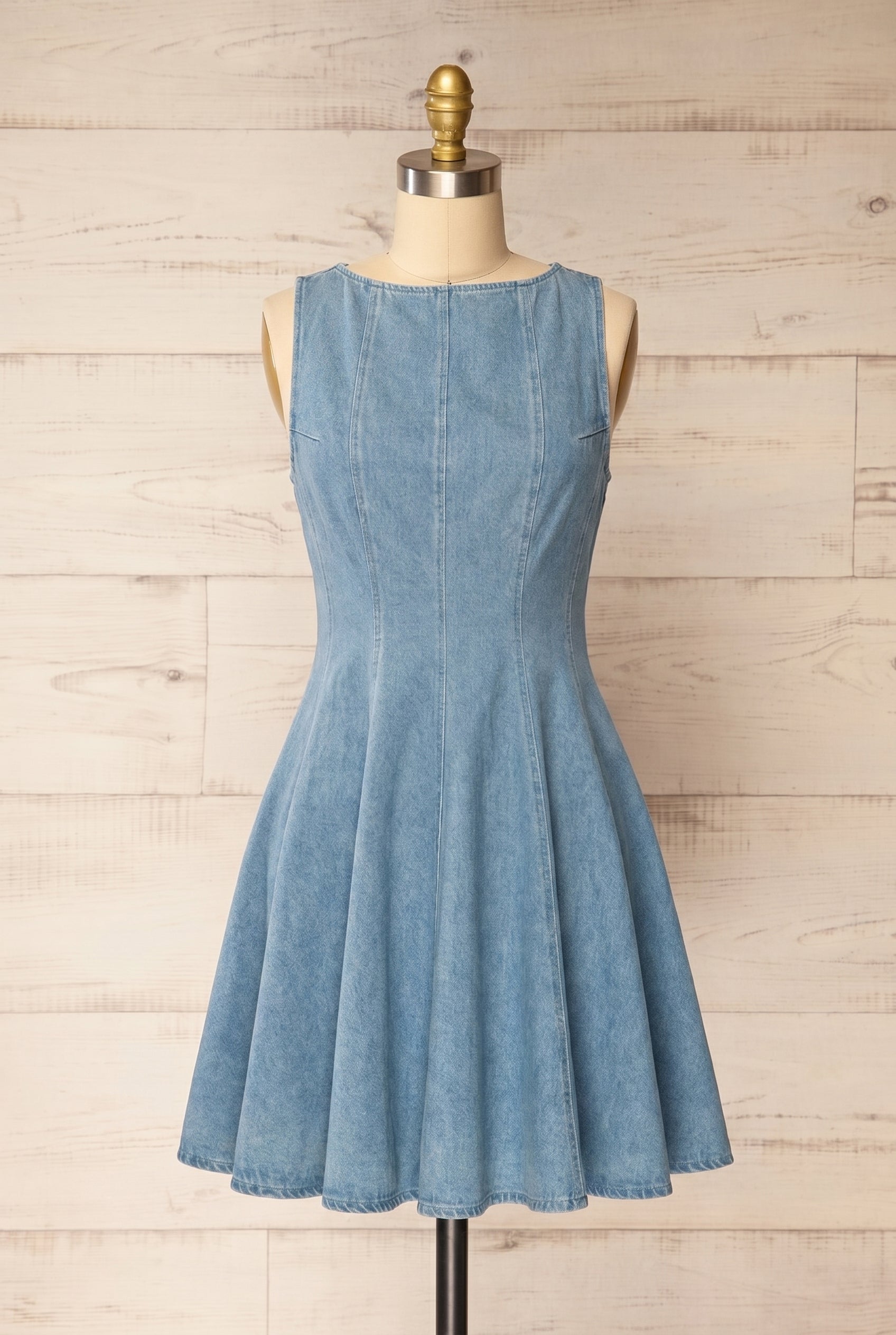 Frontview of Sorrento Blue Sleeveless Denim Short A-Line Dress at la petite garçonne
