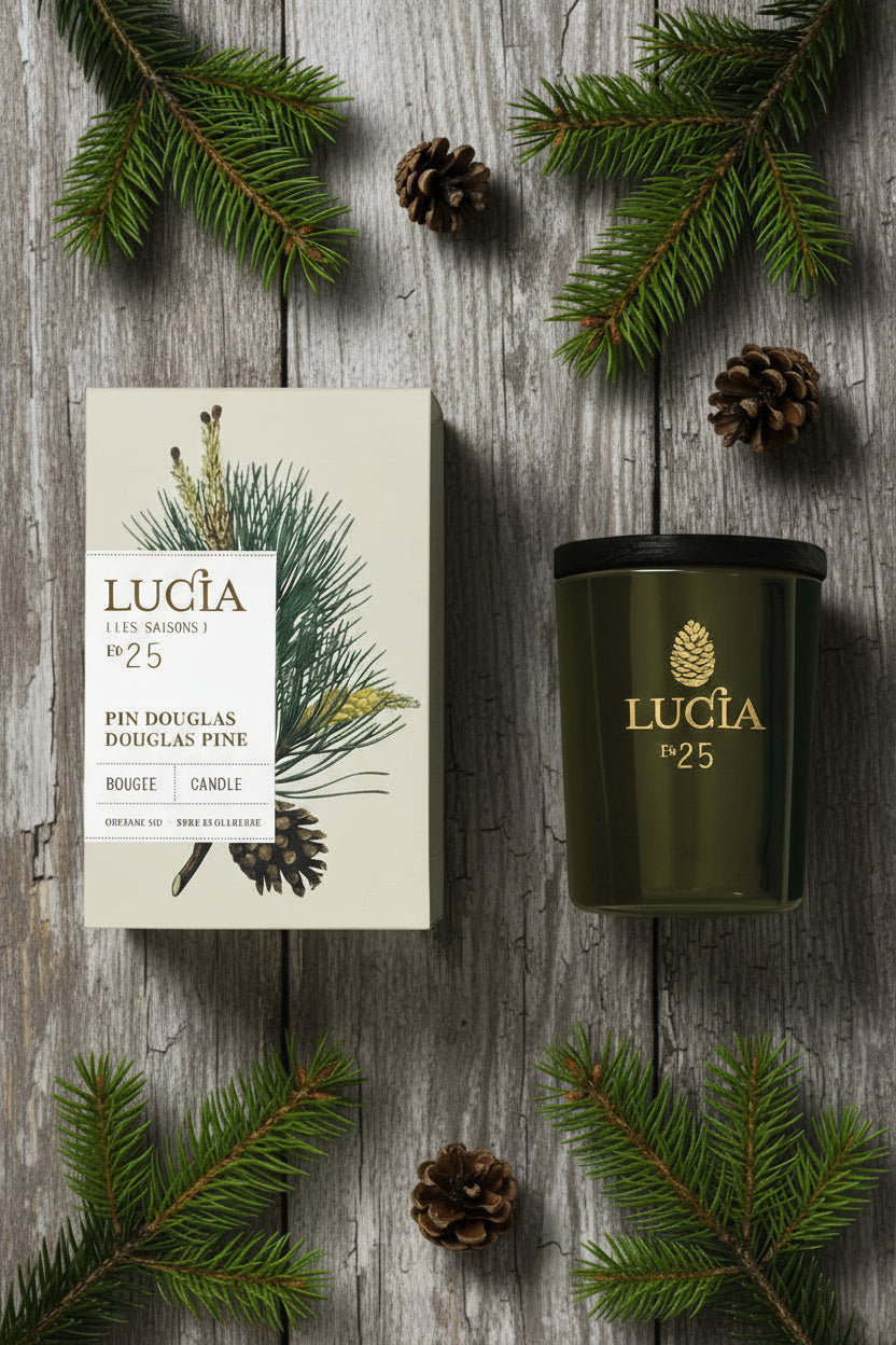 20 hours Lucia Douglas Pine candle and packaging with pine cone design