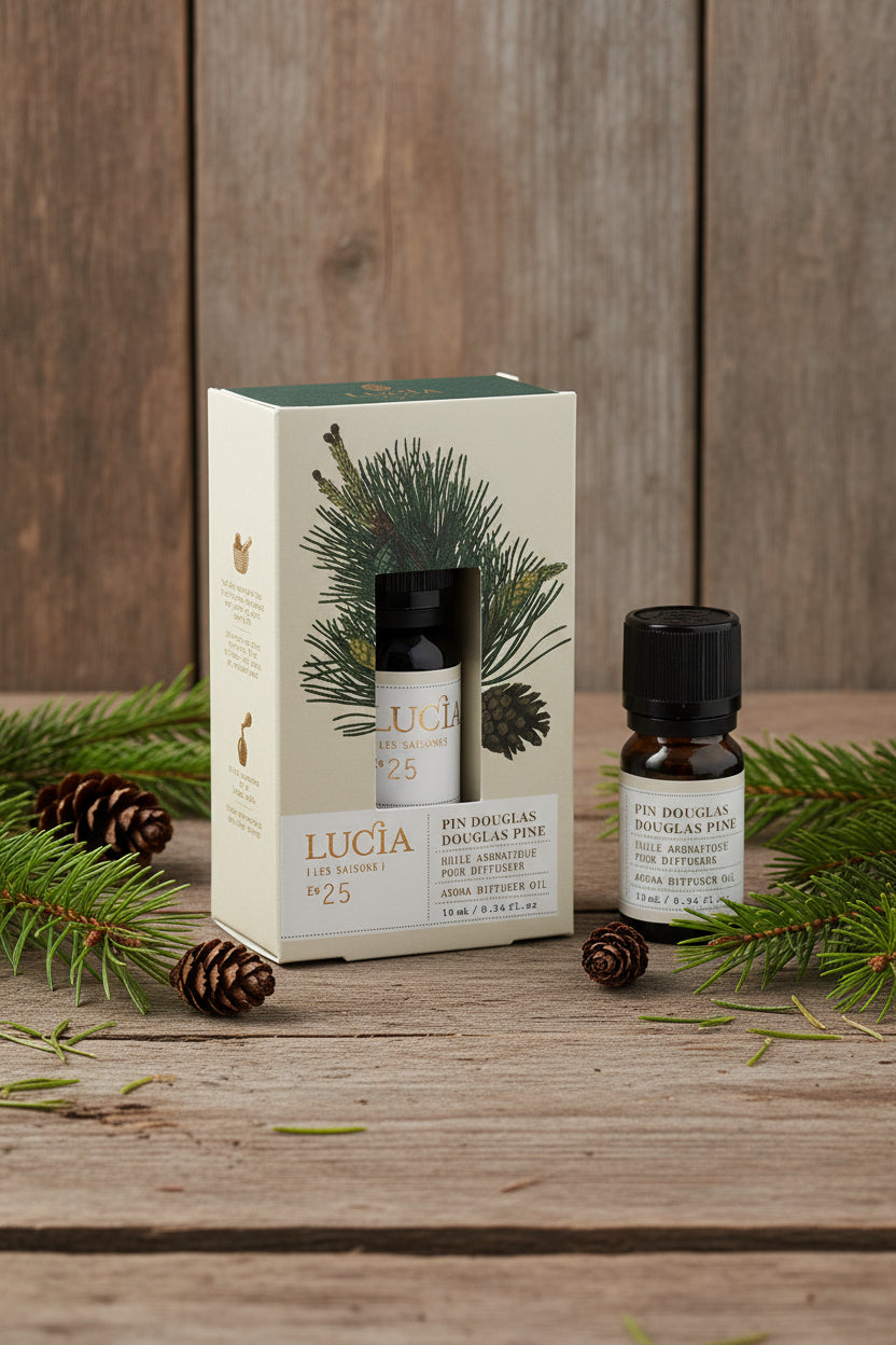 Two bottles of Lucia Pine Douglas Fir product with a decorative box on a pine background