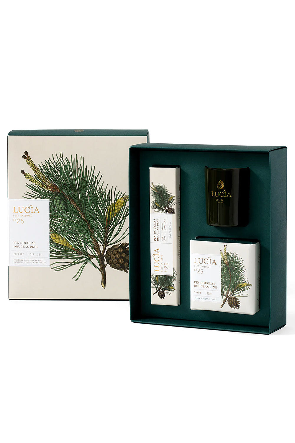 Set of Lucia gift products including a box, candle, and cards with Douglas Pine design on a white background.