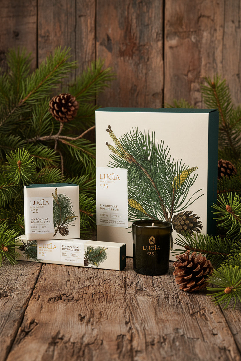 Lucá candle and packaging gift box with nature-themed douglas pine design