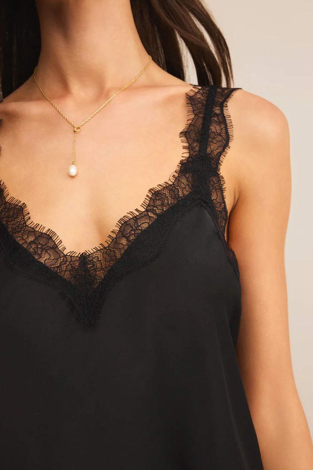 Suva Black V-Neck Satin Tank Top | La petite garçonne model close-up