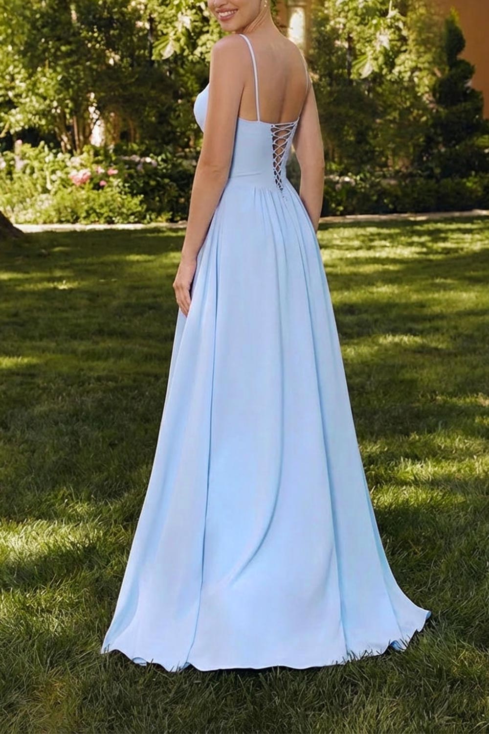 back of a woman wearing Syana Blue Long Chiffon Corset Dress with Scarf from Boutique 1861