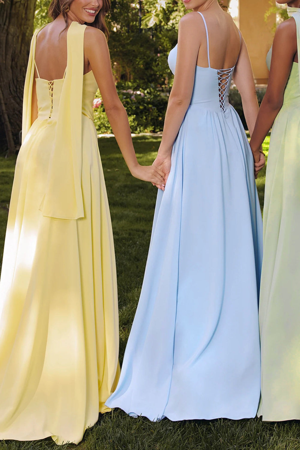 back of a woman wearing Syana Light Yellow Long Chiffon Corset Dress with Scarf from Boutique 1861