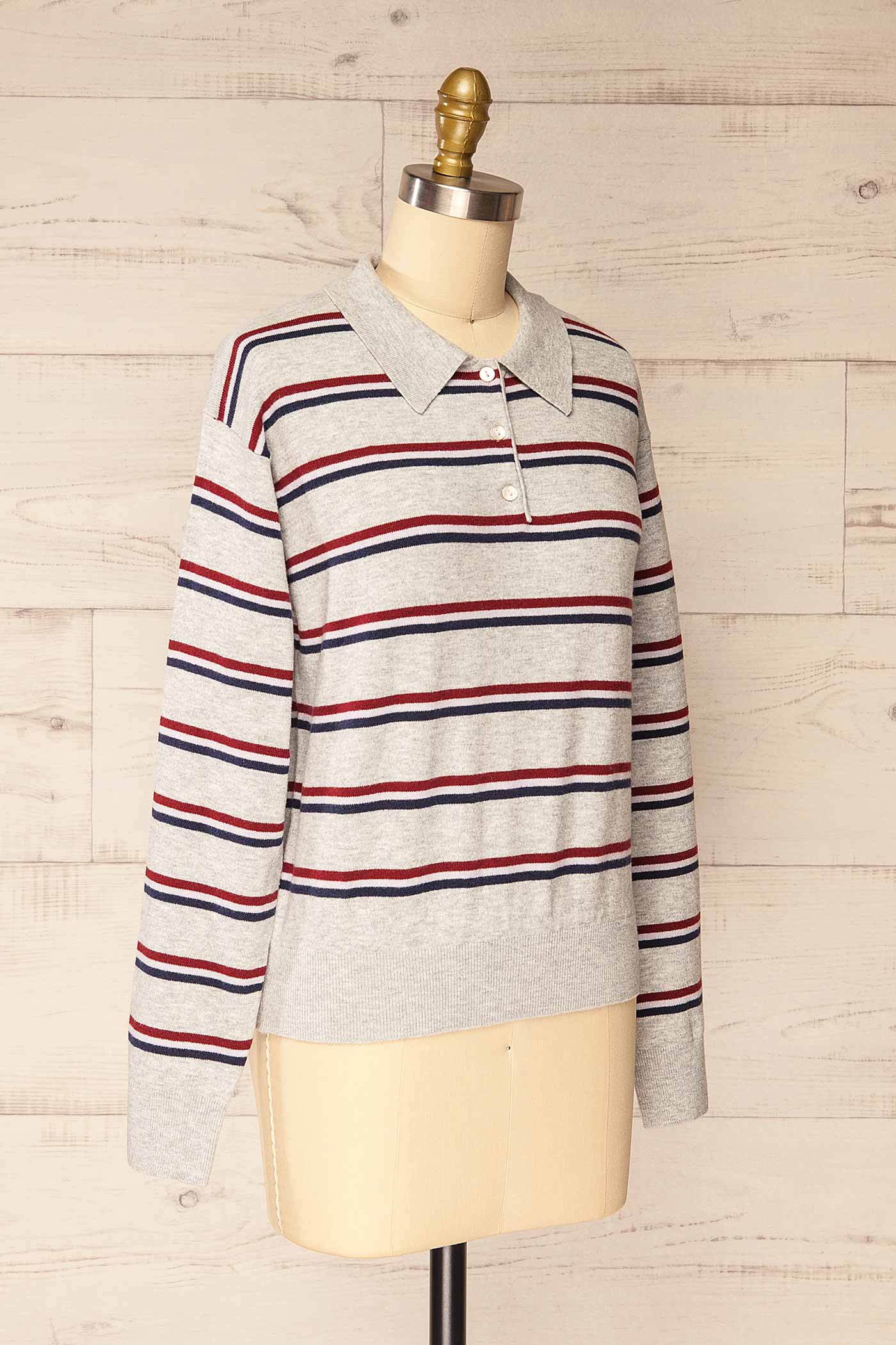 Sahuayo Grey Striped Long Sleeve Polo Top | La petite garçonne side