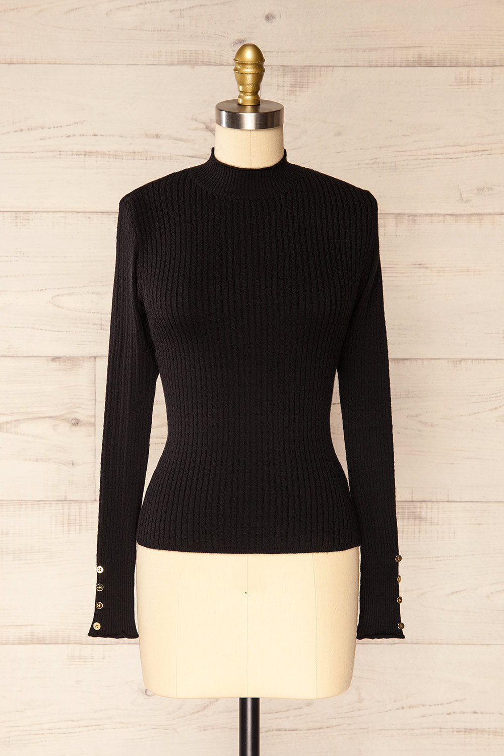 Sambir Black Mock Neck Ribbed Fitted Top | La petite garçonne front view