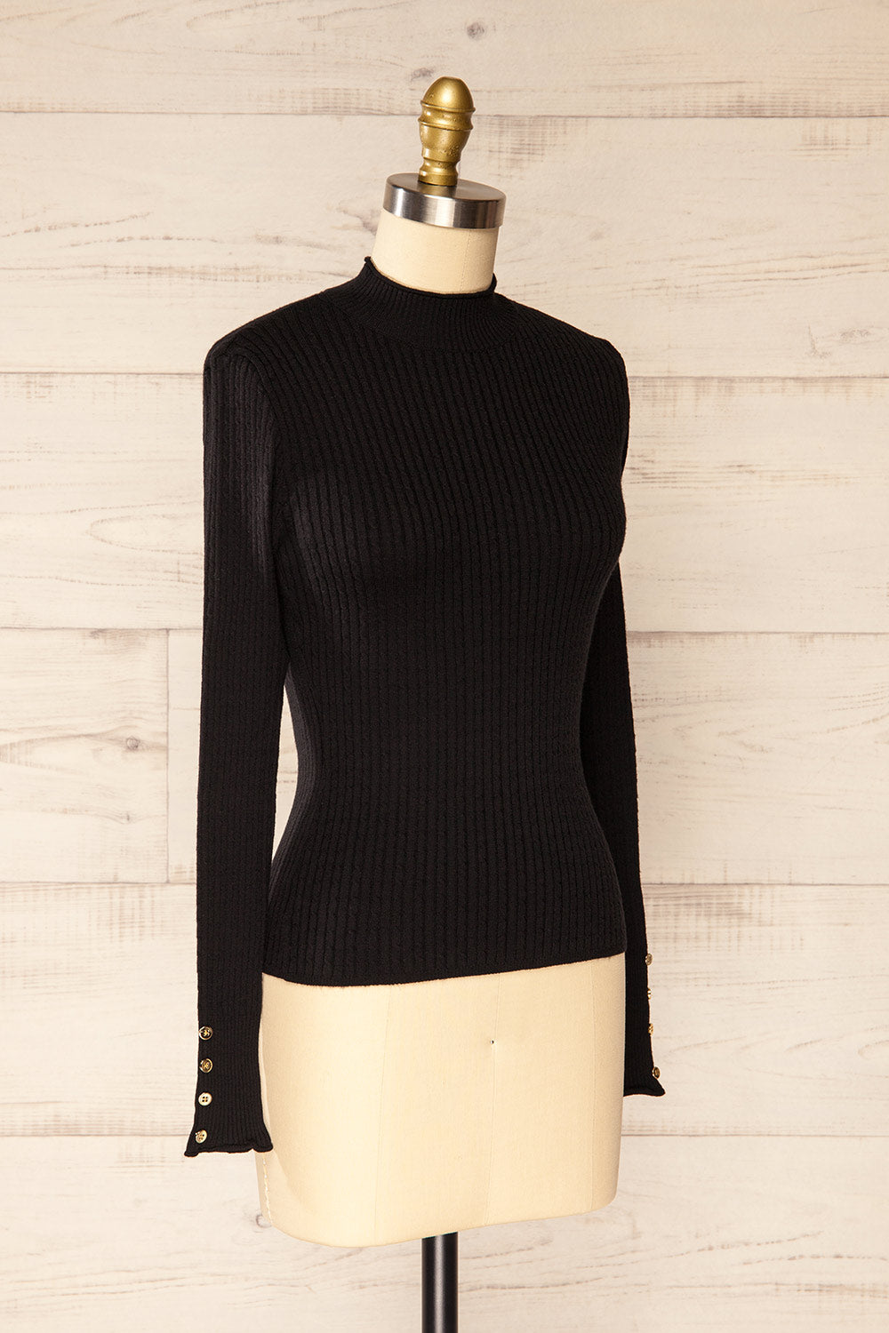 Sambir Black Mock Neck Ribbed Fitted Top | La petite garçonne side view