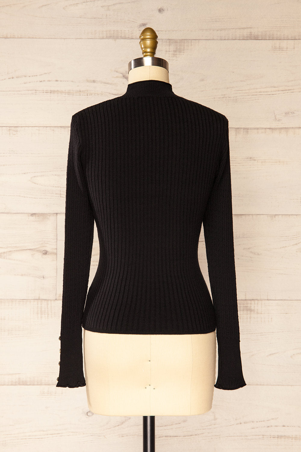 Sambir Black Mock Neck Ribbed Fitted Top | La petite garçonne back view