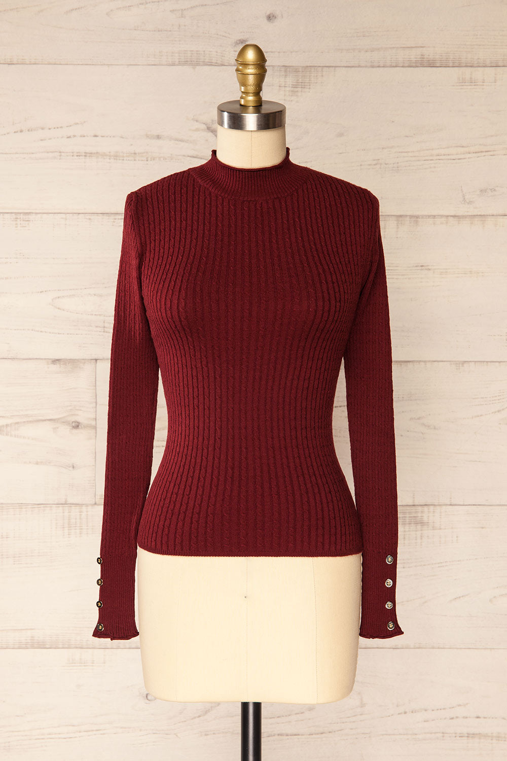 Sambir Burgundy Mock Neck Ribbed Fitted Top | La petite garçonne front view