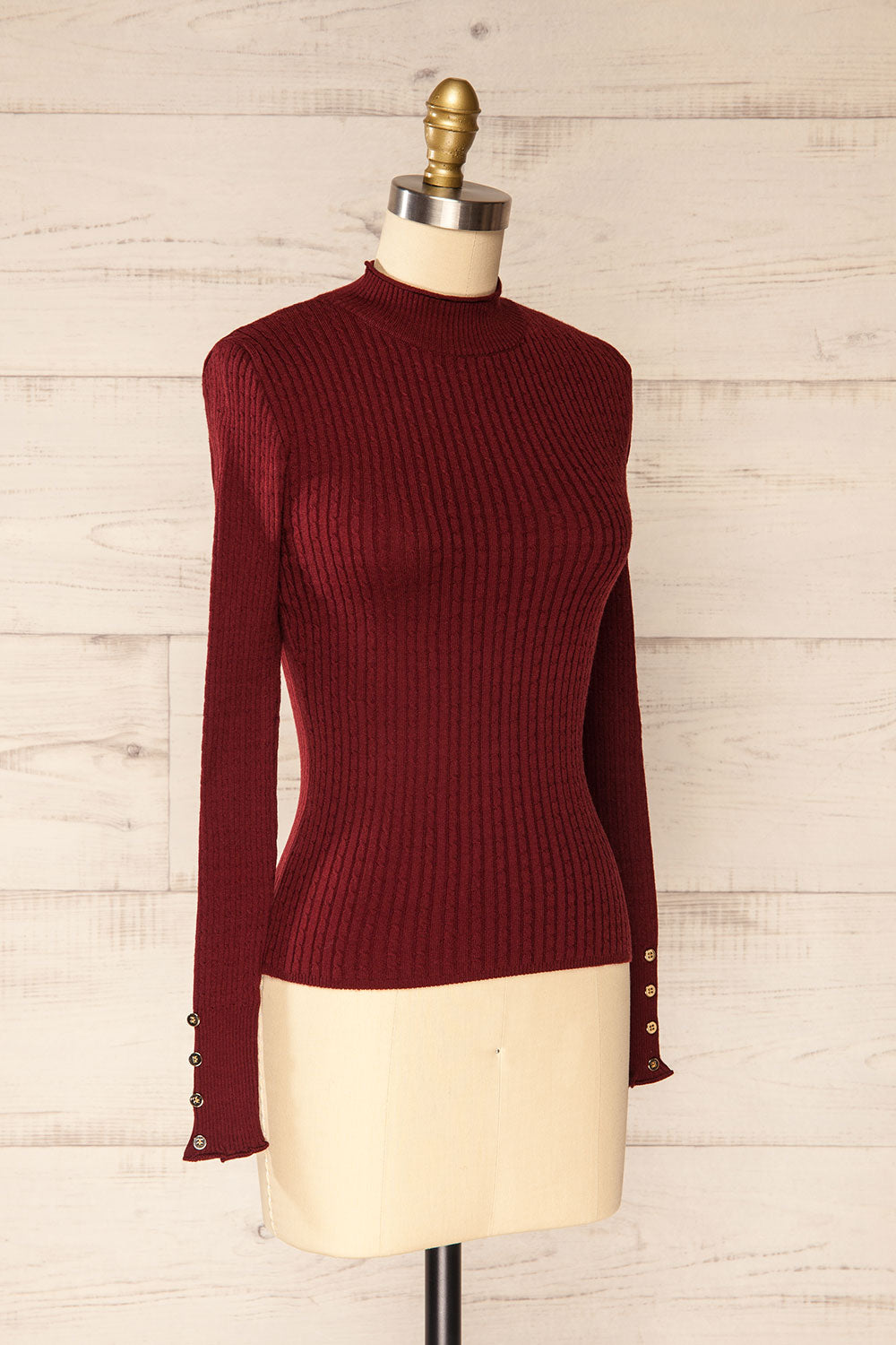 Sambir Burgundy Mock Neck Ribbed Fitted Top | La petite garçonne side view