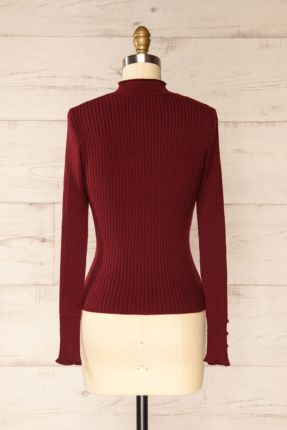 Sambir Burgundy Mock Neck Ribbed Fitted Top | La petite garçonne back view
