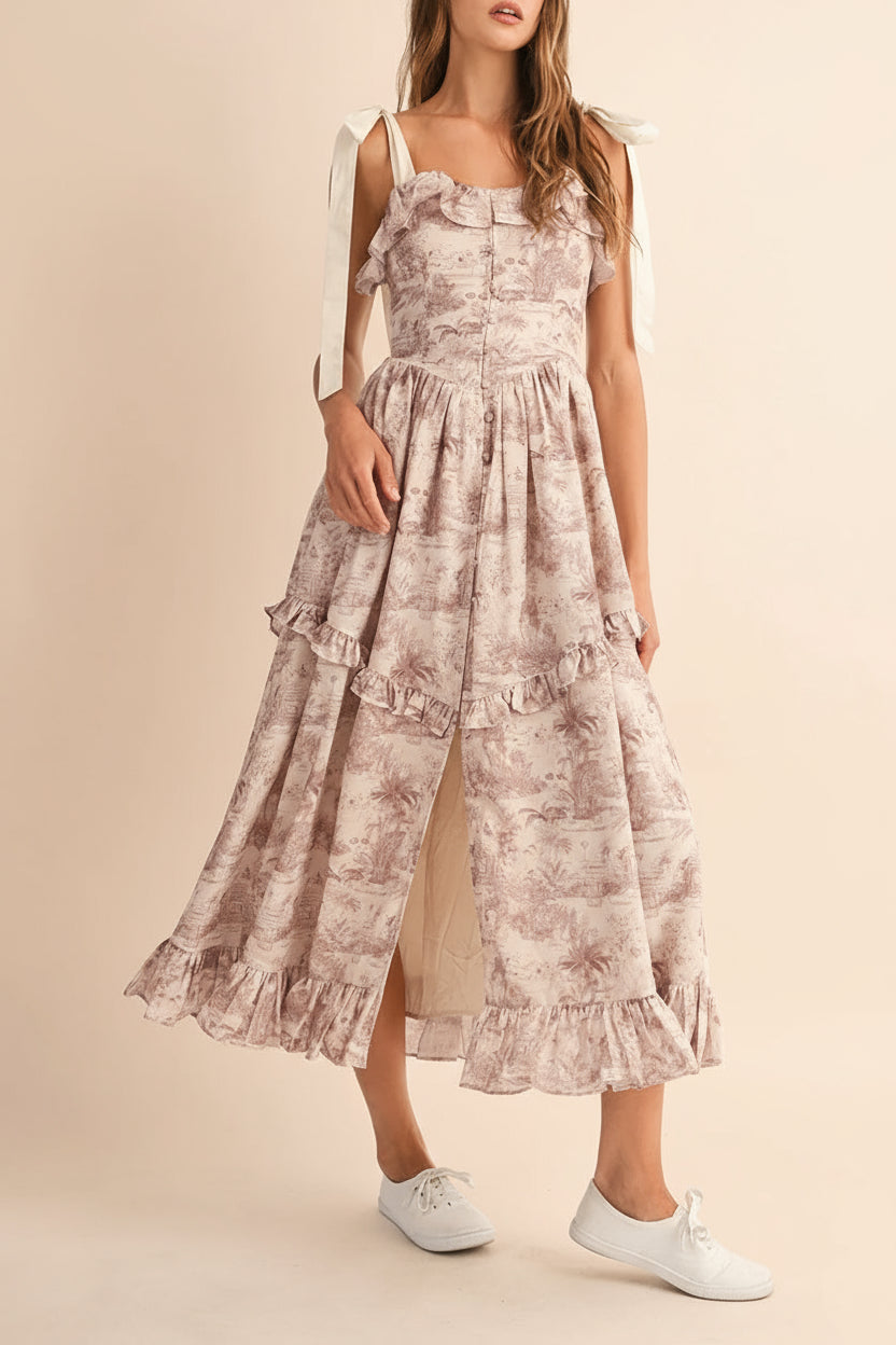 Woman wearing Seloua Long Dress with slit and Brown Vintage Print from Boutique 1861