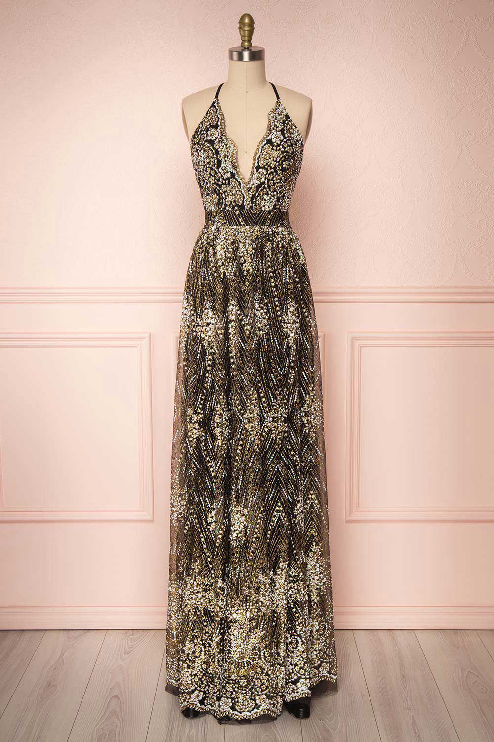 Sharidan Black Glitter Mesh Maxi Dress