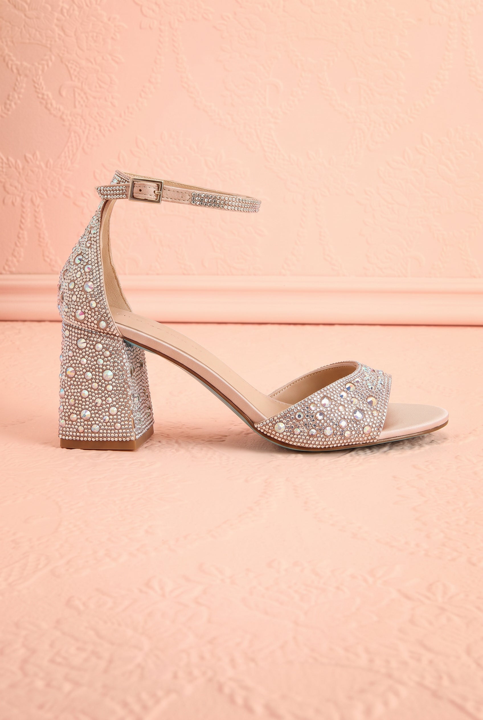 Sideview Cornelian Rhinestone Block Heel Sandals with Blue Sole from Betsey Johnson at boutique 1861
