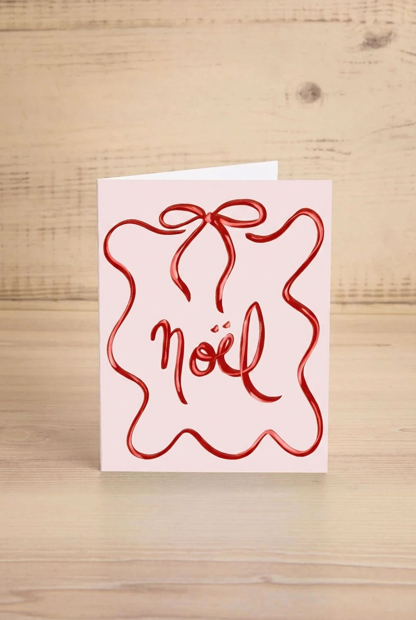 Card with 'Noel' and a bow design on a light pink background from mimi and august