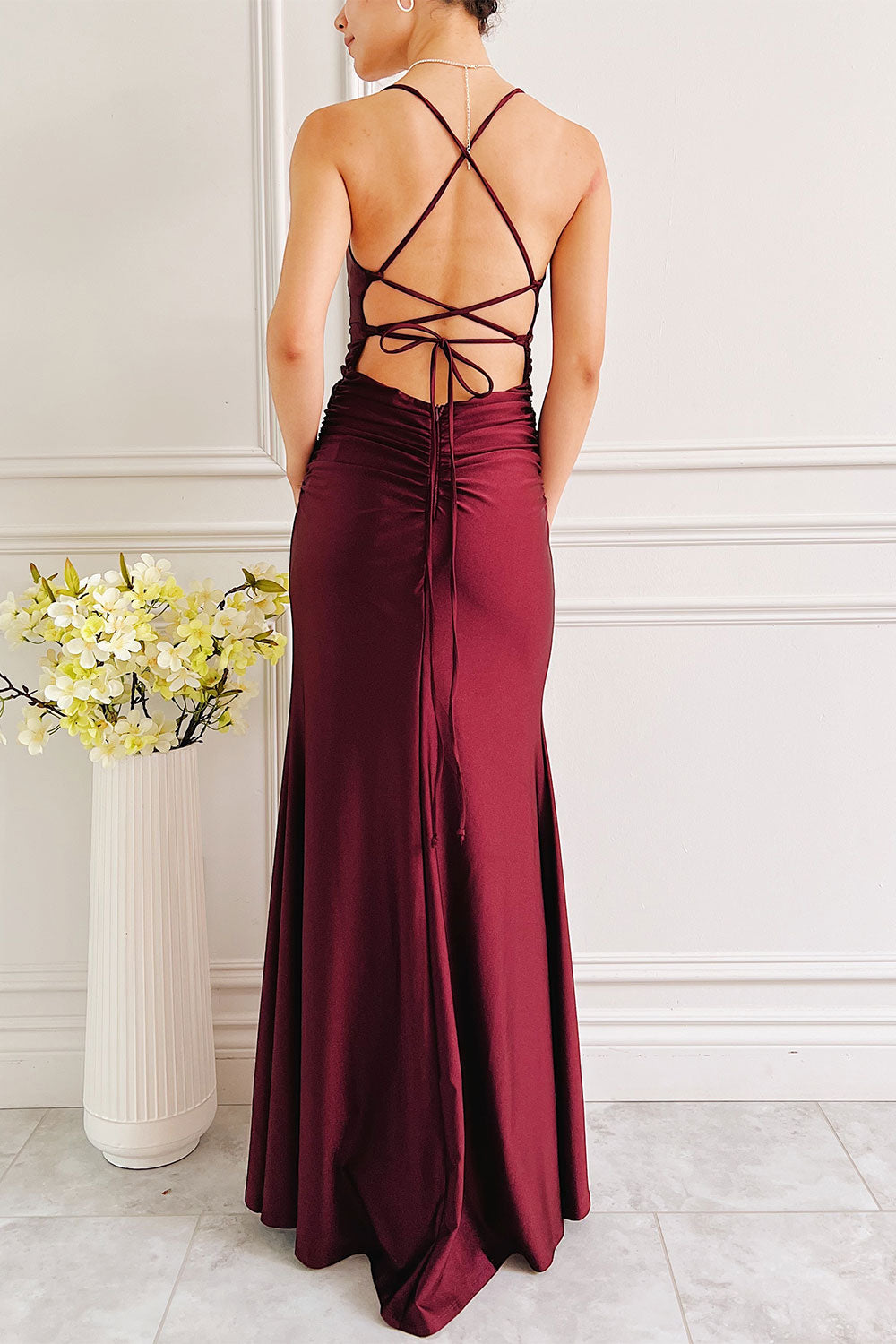 Sonia Lavender Backless Mermaid Maxi Dress w/ Slit | Boutique 1861 back model