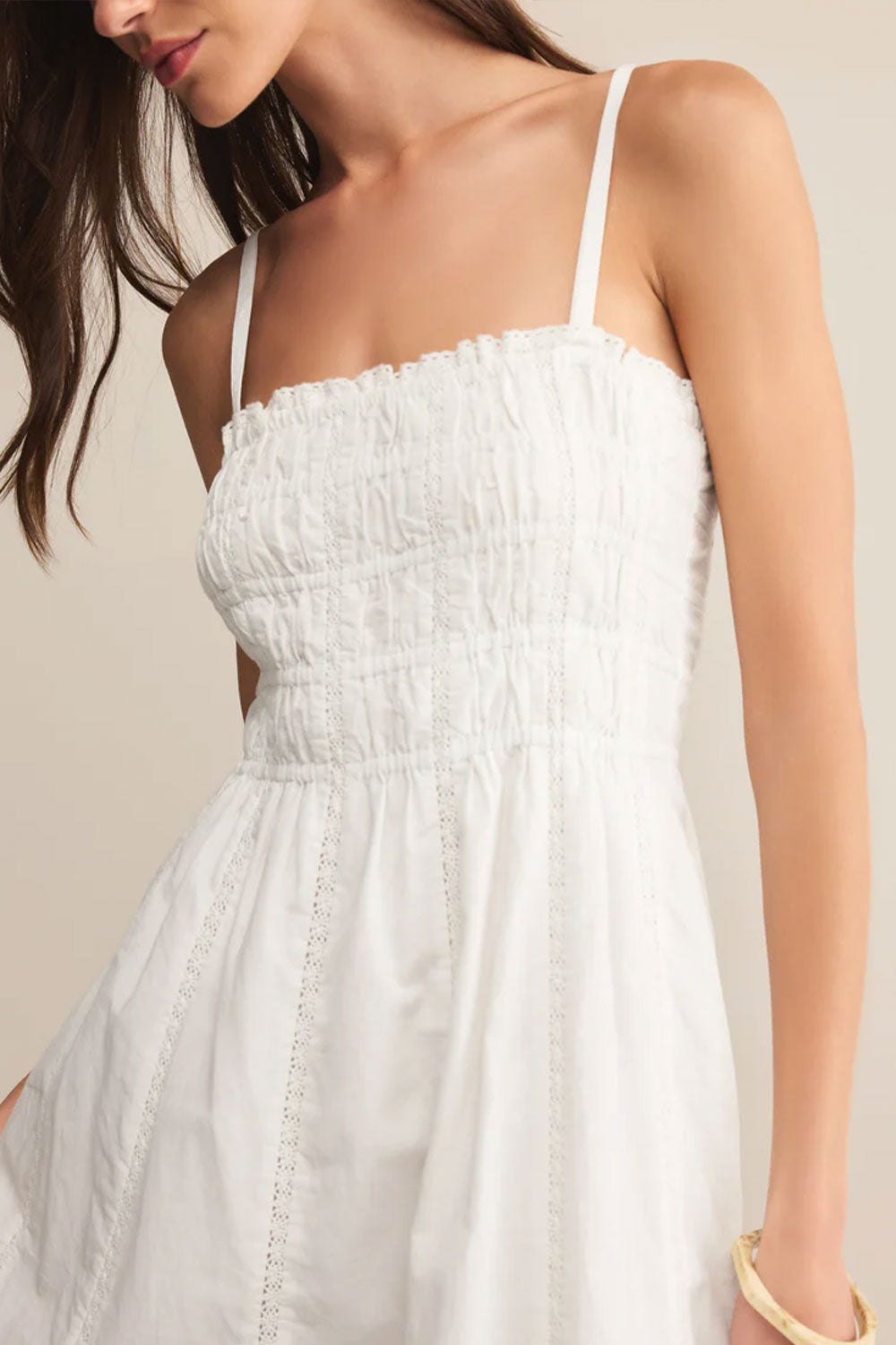 Sonna | Midi White Dress with Eyelets Details on model