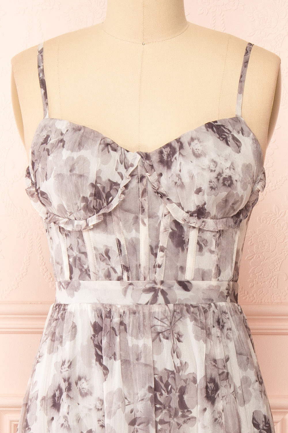 Sorrellia Grey Bustier Floral Maxi Dress | Boutique 1861 front close-up