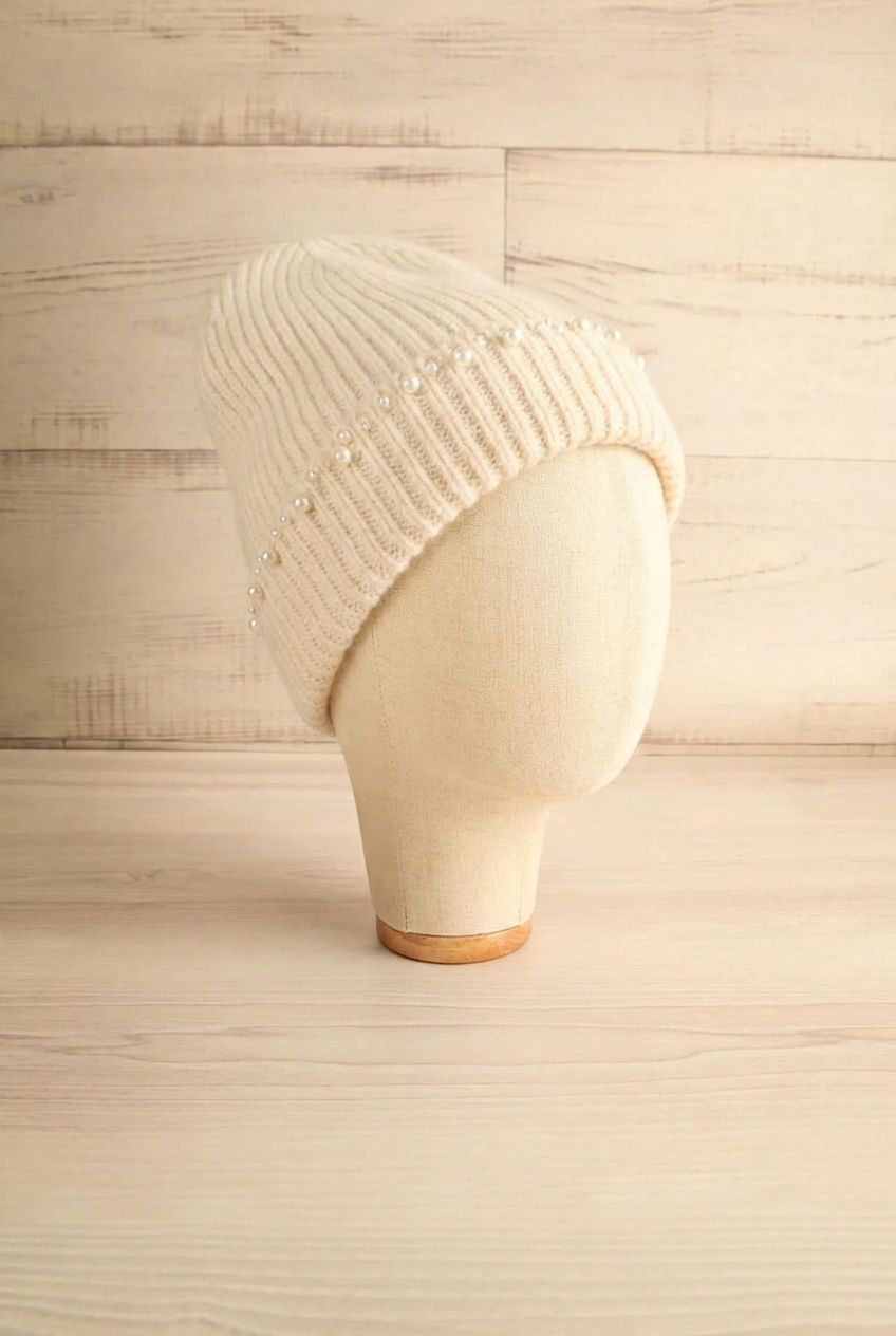 Beige knit beanie with pearl embellishments named Sunbury from la petite garçonne
