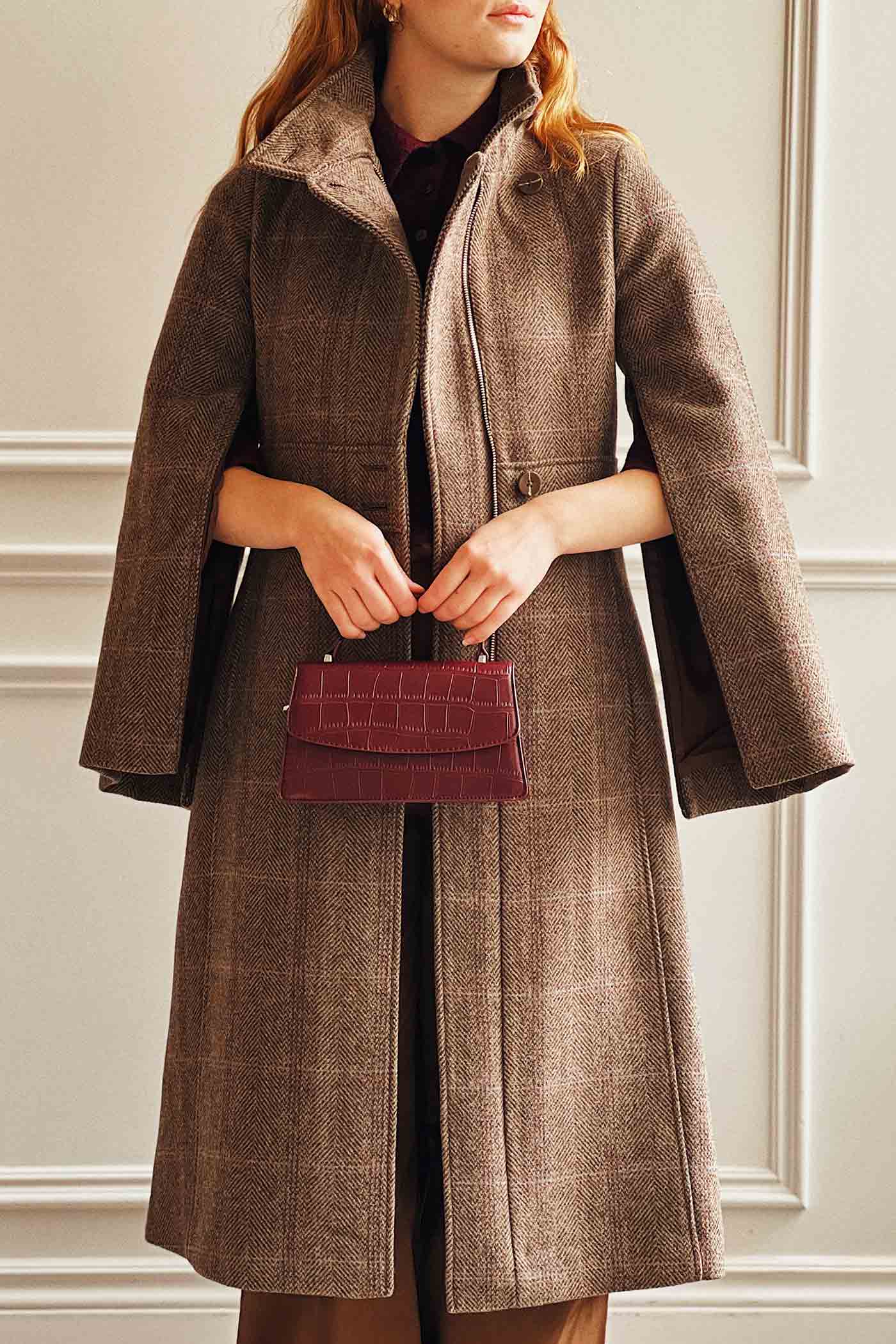 woman wearing Suzane Long Cross-Hatch Pattern Coat with Pockets from La petite garçonne