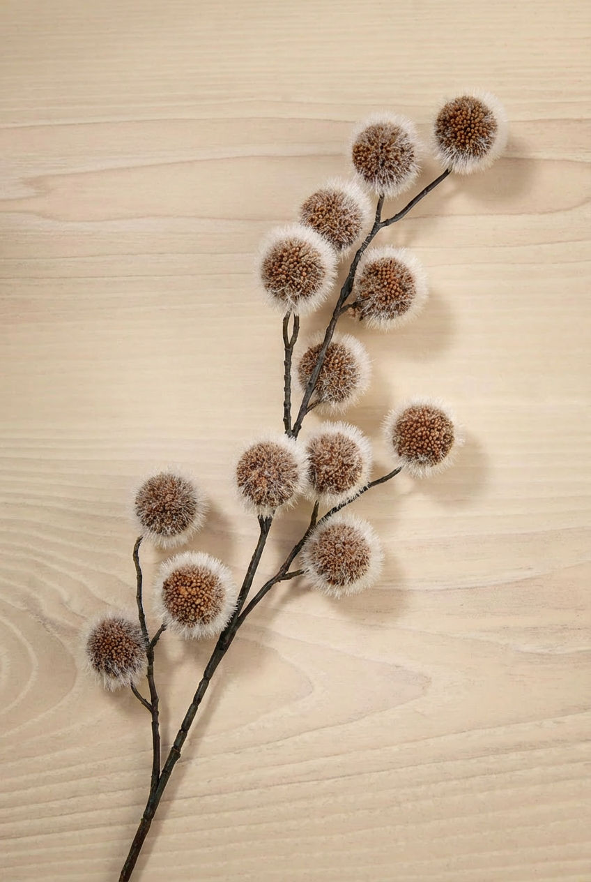 White ceramic pitcher with Fuzzy Pom Pom Spray flowers against a wood background
