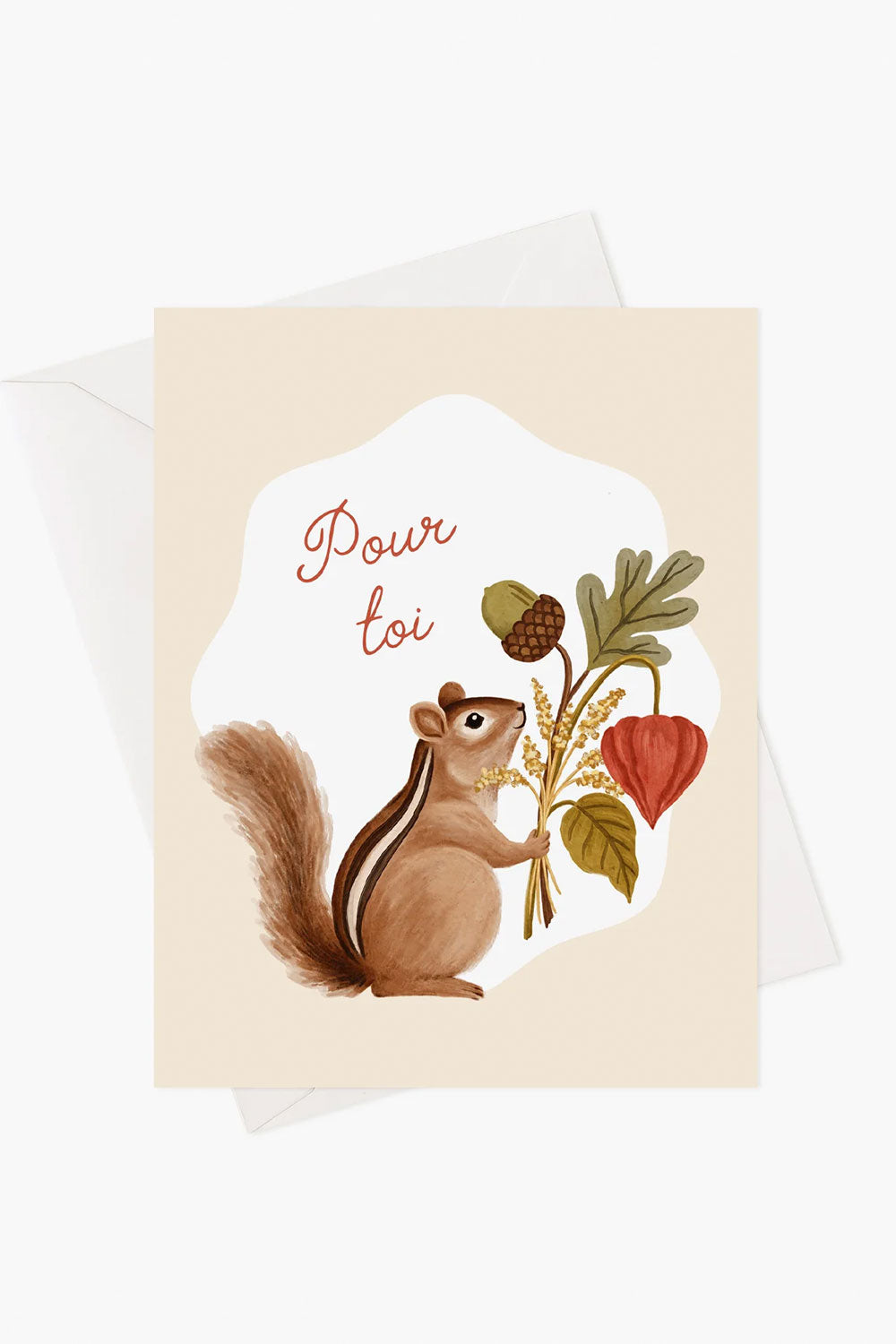 Greeting card with a squirrel holding autumn leaves and berries, with 'Pour toi' text from Marie-Lise.