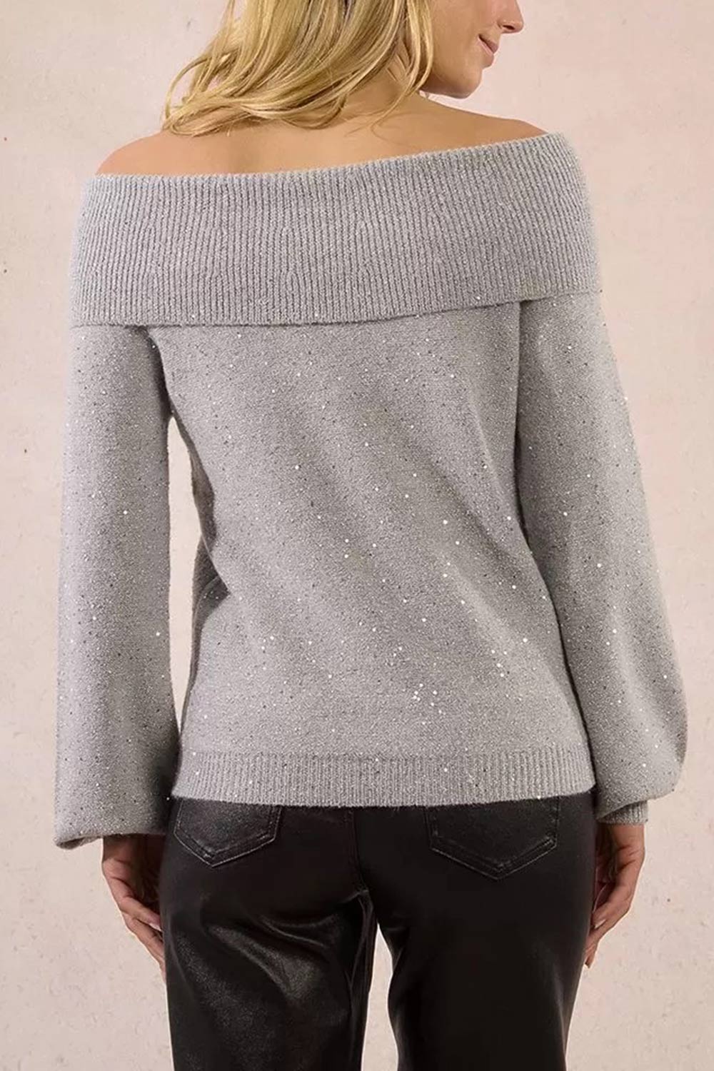 Thaloura Grey Off-Shoulder Sweater with Sequins | La petite garçonne back model
