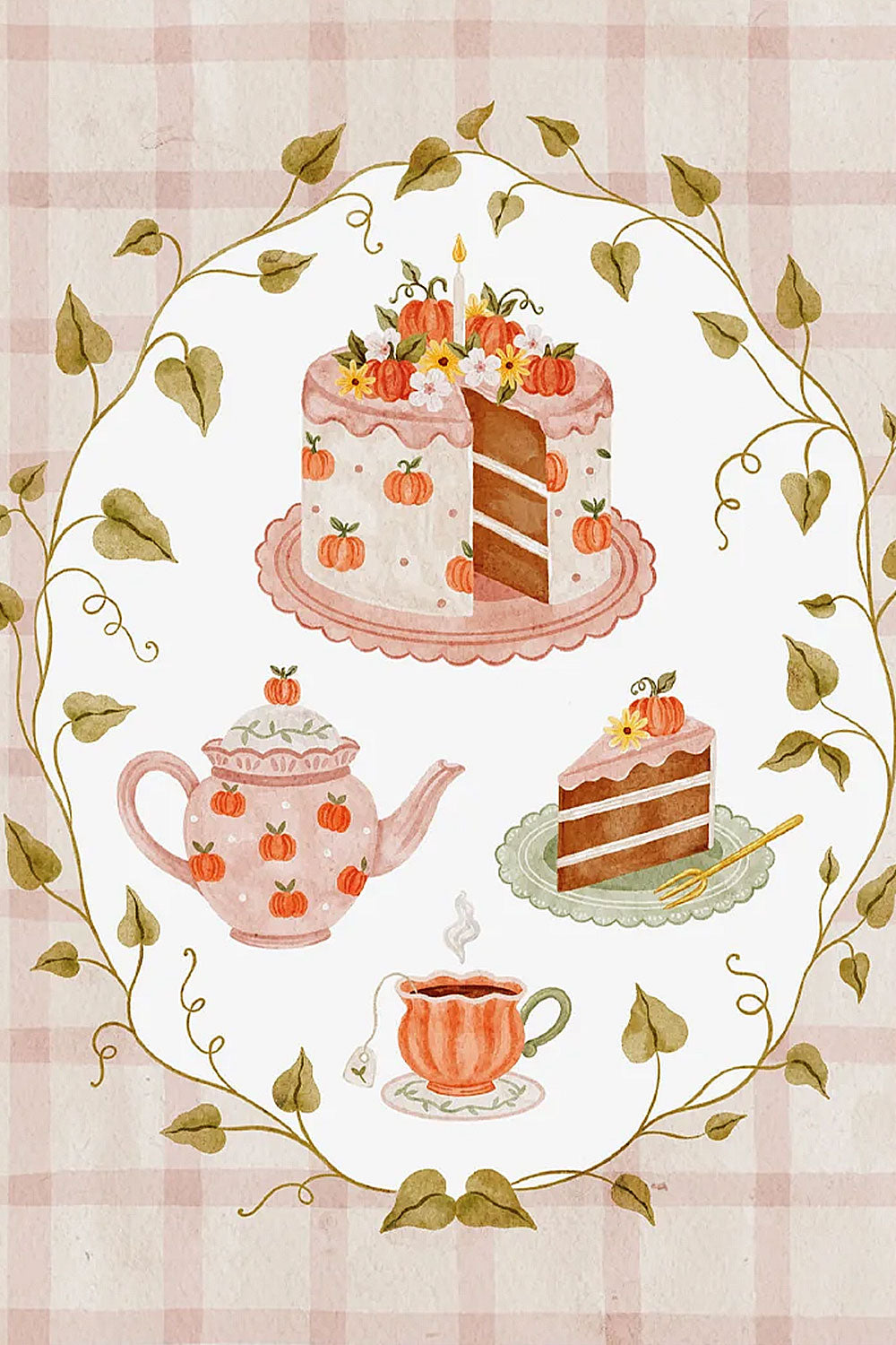 Close Up Card with illustrations of Pumpkin Spice cake, a teapot, and teacups from Marie-Lise
