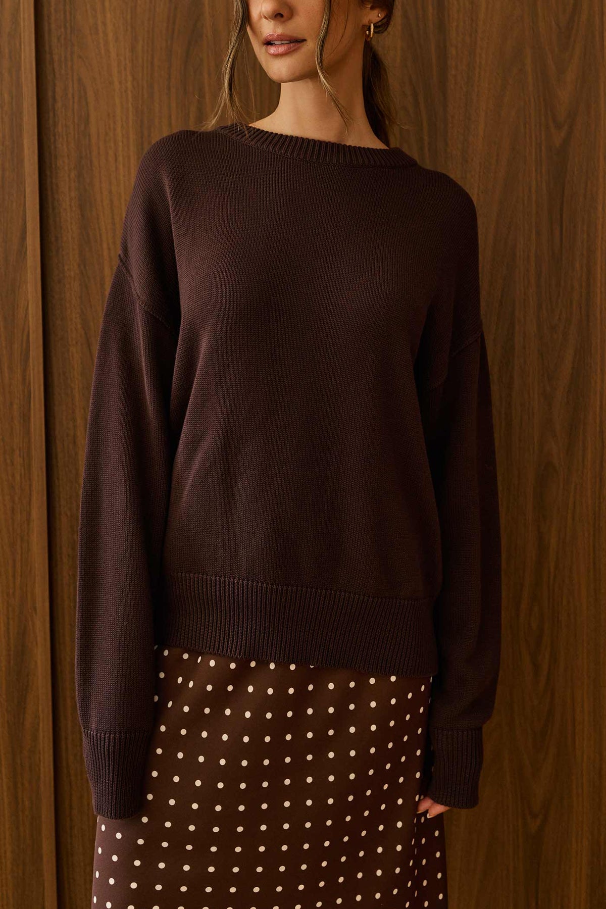 close-up of a woman wearing Tess Brown Crewneck Knit Sweater by Dailystory at La petite garçonne