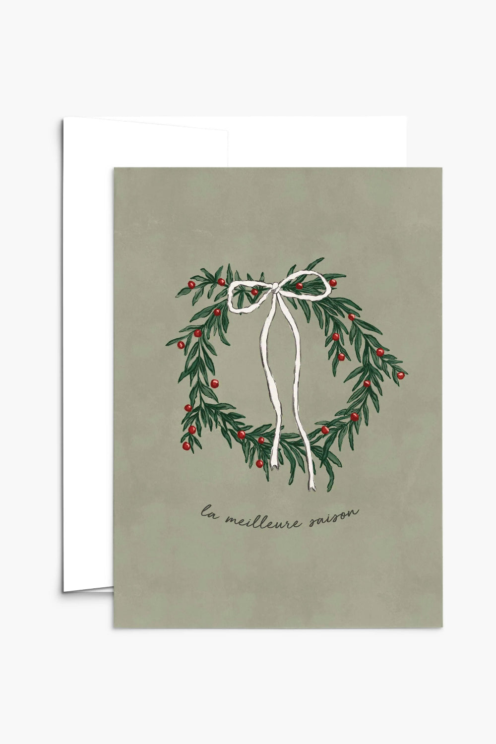 Christmas Sage green card grom Mimi & August with a festive wreath design and text on a white background