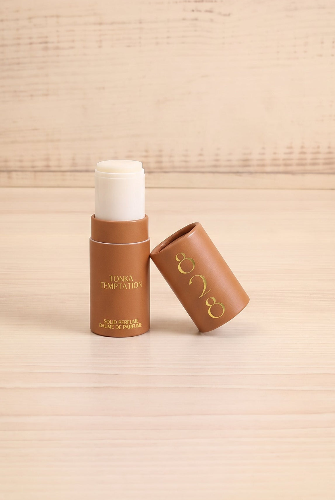 Front view of the Tonka Temptation solid perfume by 828 Aroma open, handmade in Canada and available at Maison Garçonne.