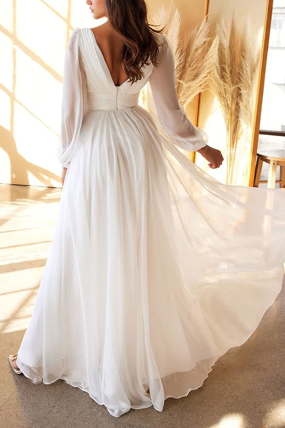 Vaiana | Layered Chiffon A-Line Gown with Sheer Sleeves