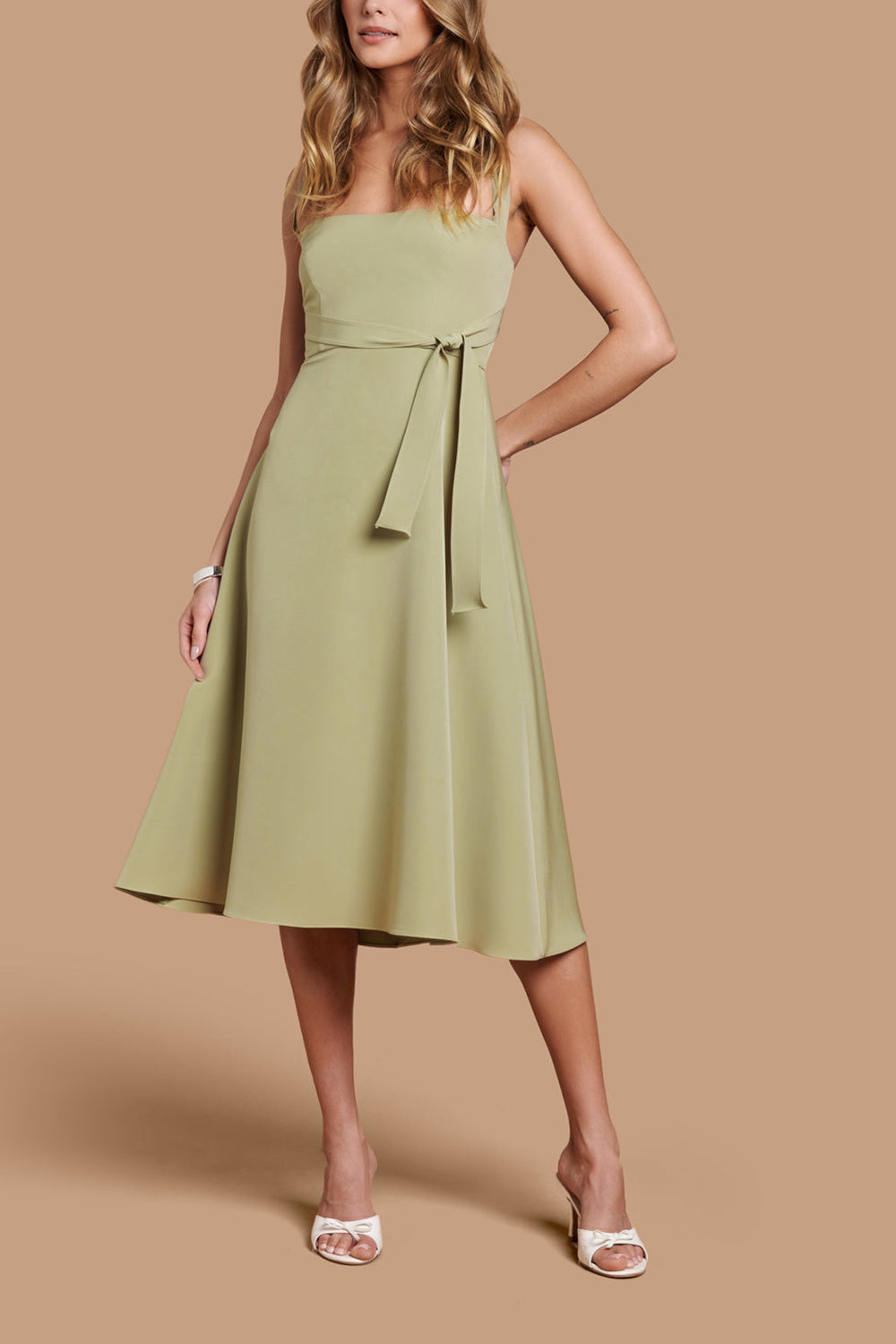 Valentina Sage Midi A-line Dress w/ Adjustable Straps | Boutique 1861 front model