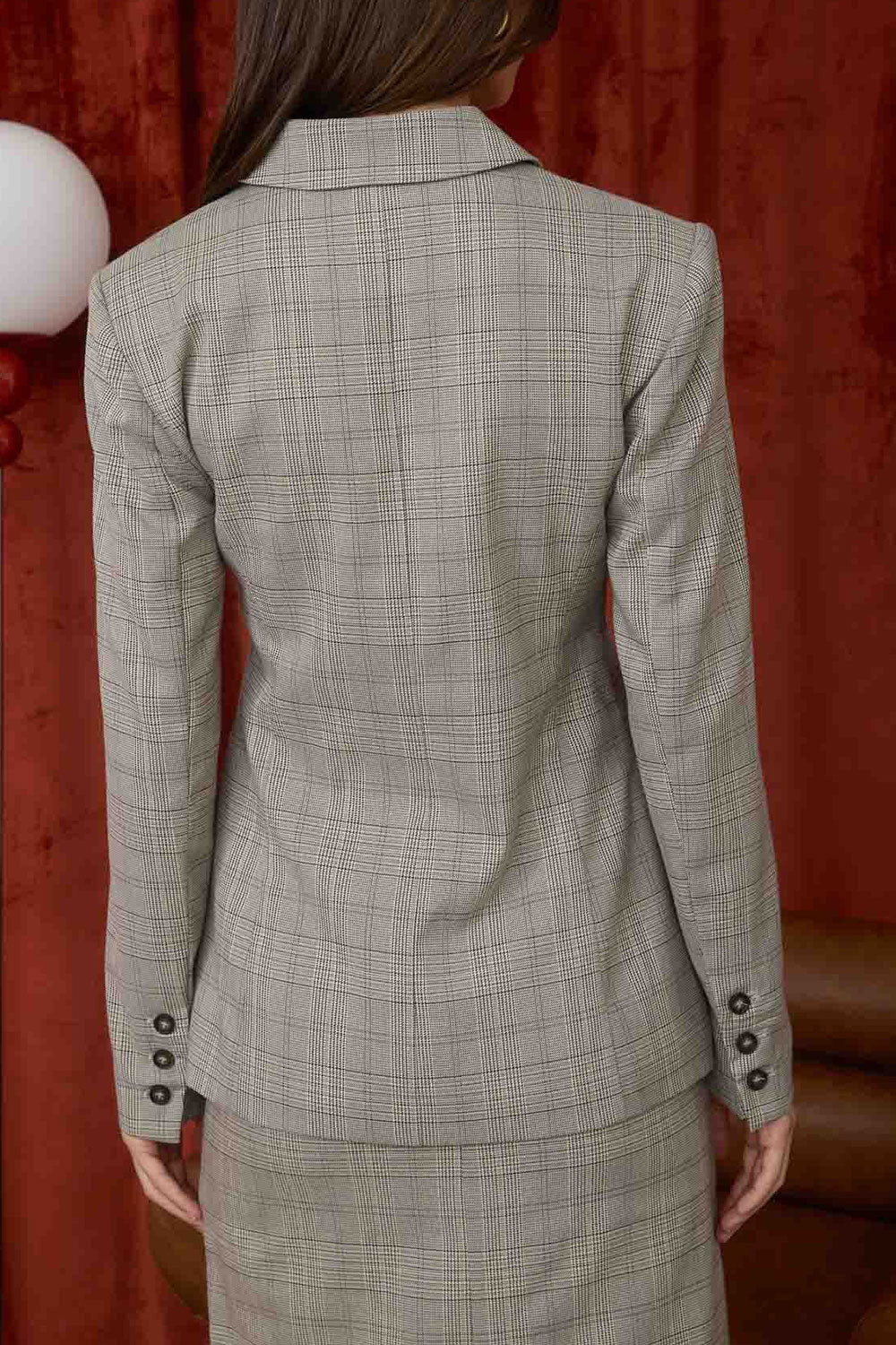 Woman wearing Vinette Grey Plaid Long Sleeve Blazer from La petite garçonne backview