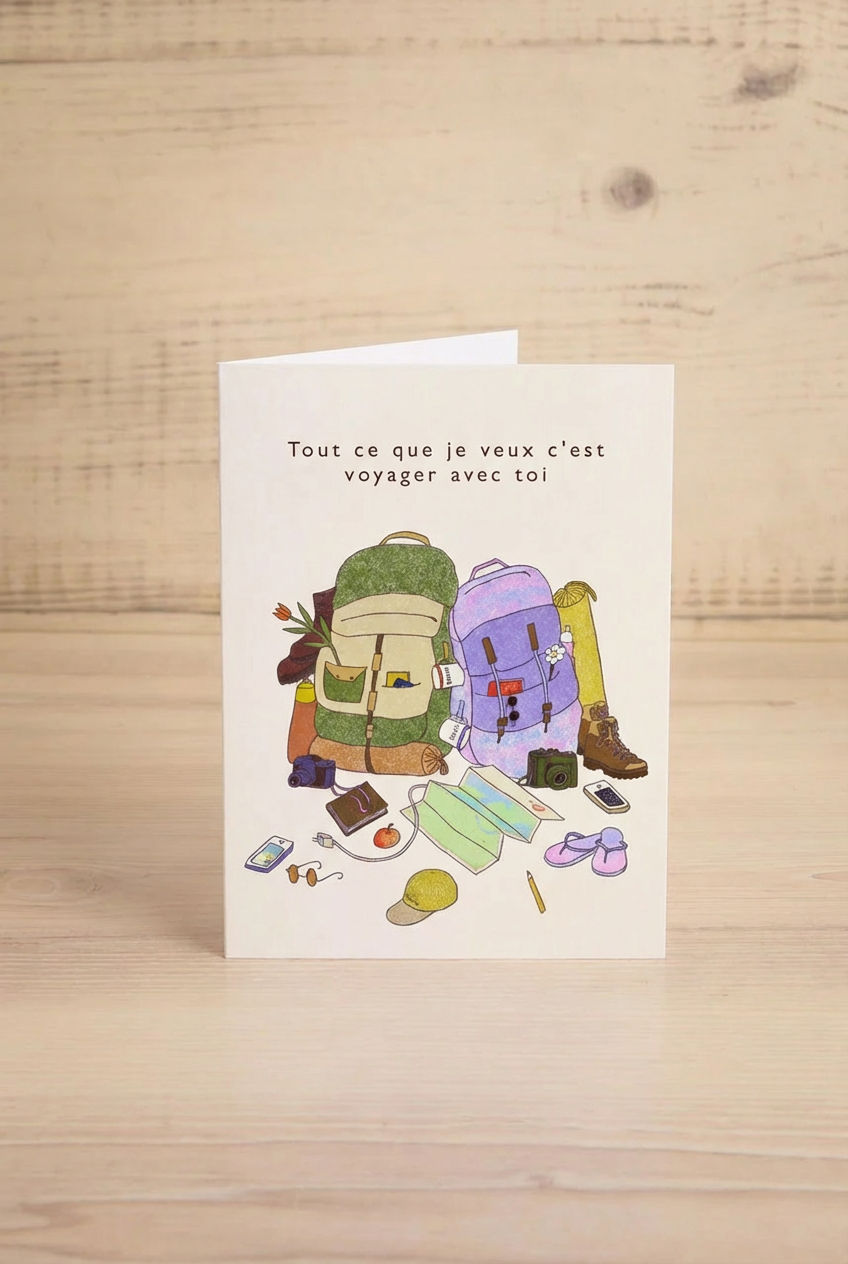 Greeting card with travel-themed illustration with the text "Tout ce que je veux c'est voyager avec toi".