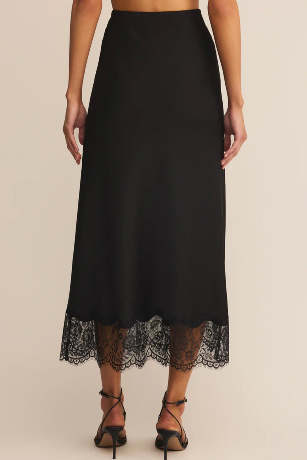 Vrako Black Midi Satin Skirt with Lace | La petite garçonne back model