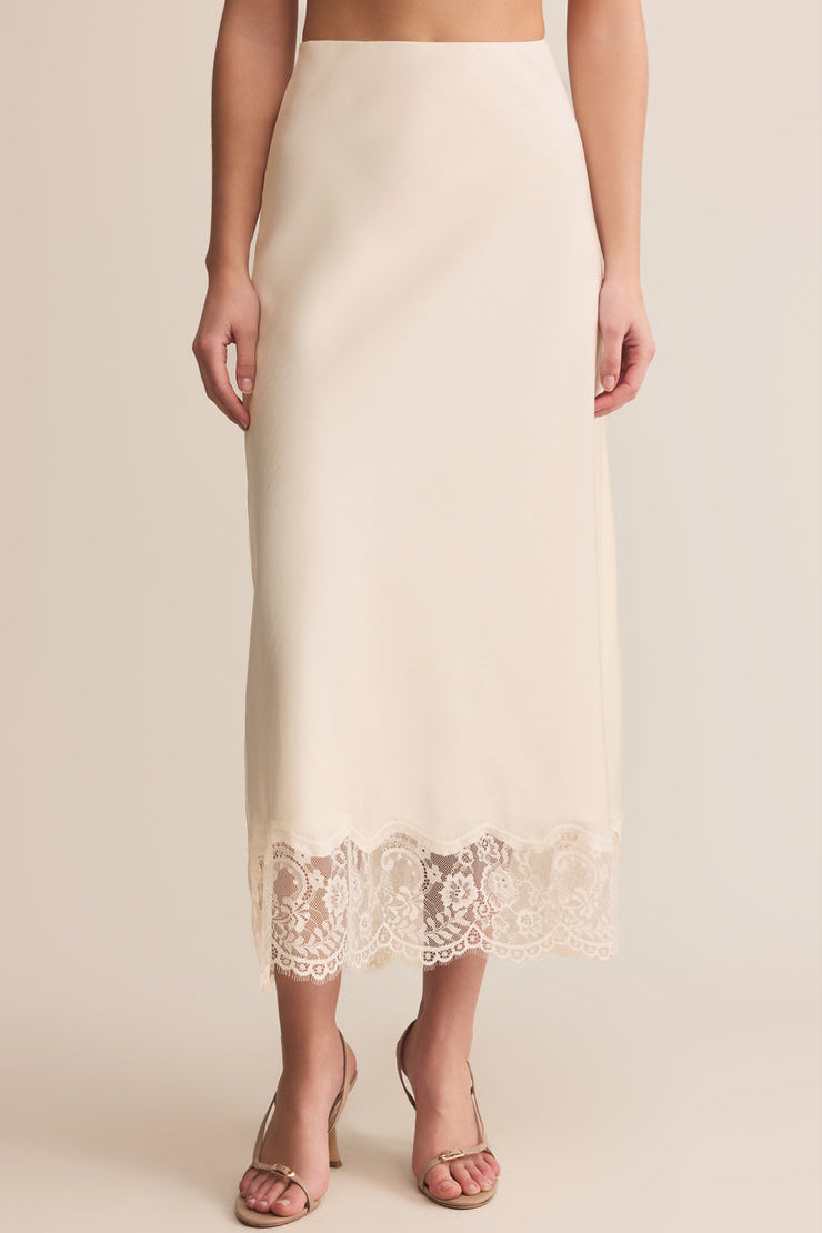 Vrako Ivory Midi Satin Skirt with Lace | La petite garçonne model