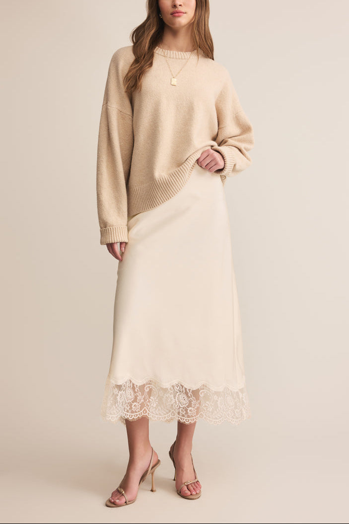 Vrako Ivory Midi Satin Skirt with Lace | La petite garçonne front model