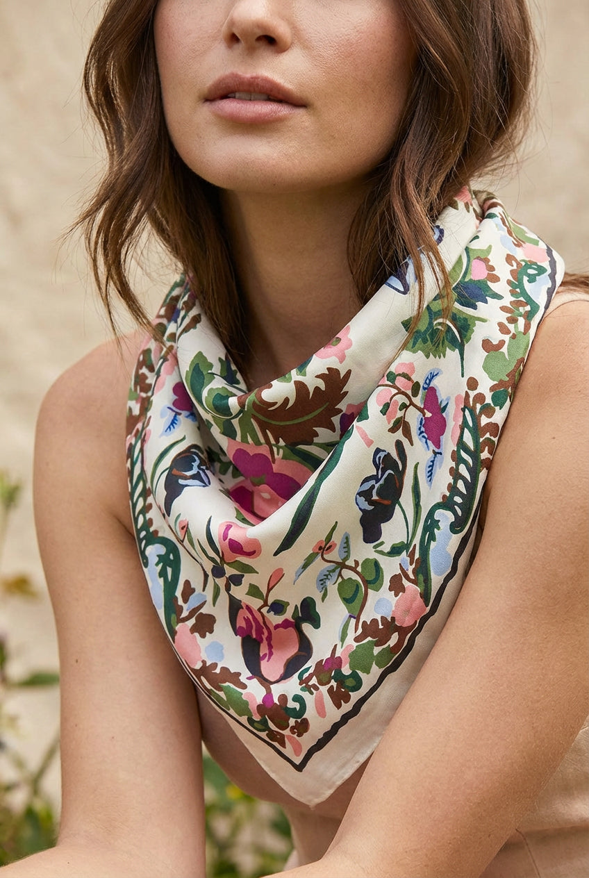 woman wearing Varenia Satin Floral Botanical Triangle Scarf from Boutique 1861