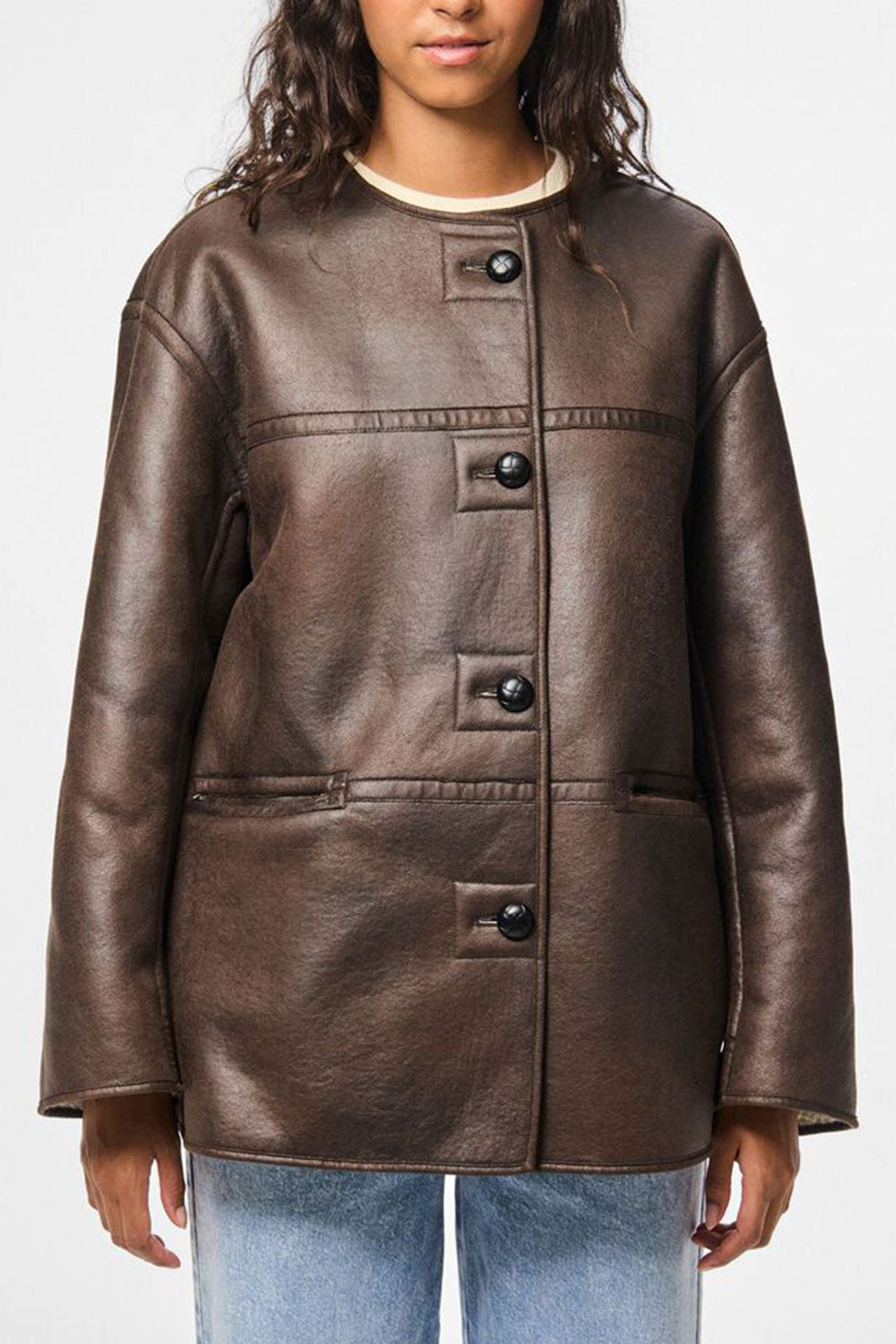 Photo Woman wearing Vista Reversible Faux Leather Loose Jacket front view from La petite garçonne