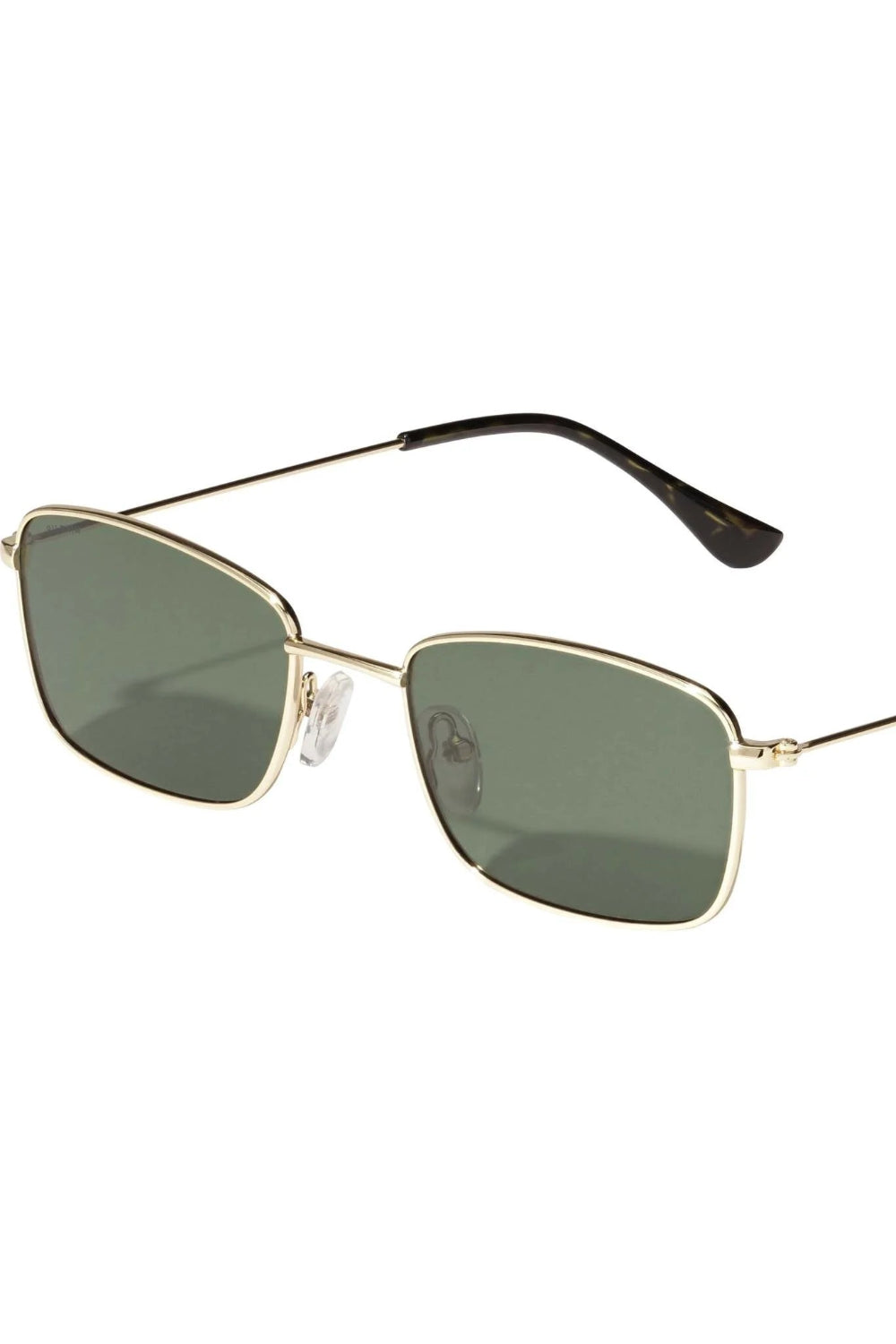 Sunglasses with gold frame and dark lenses by pilgrim on a white background