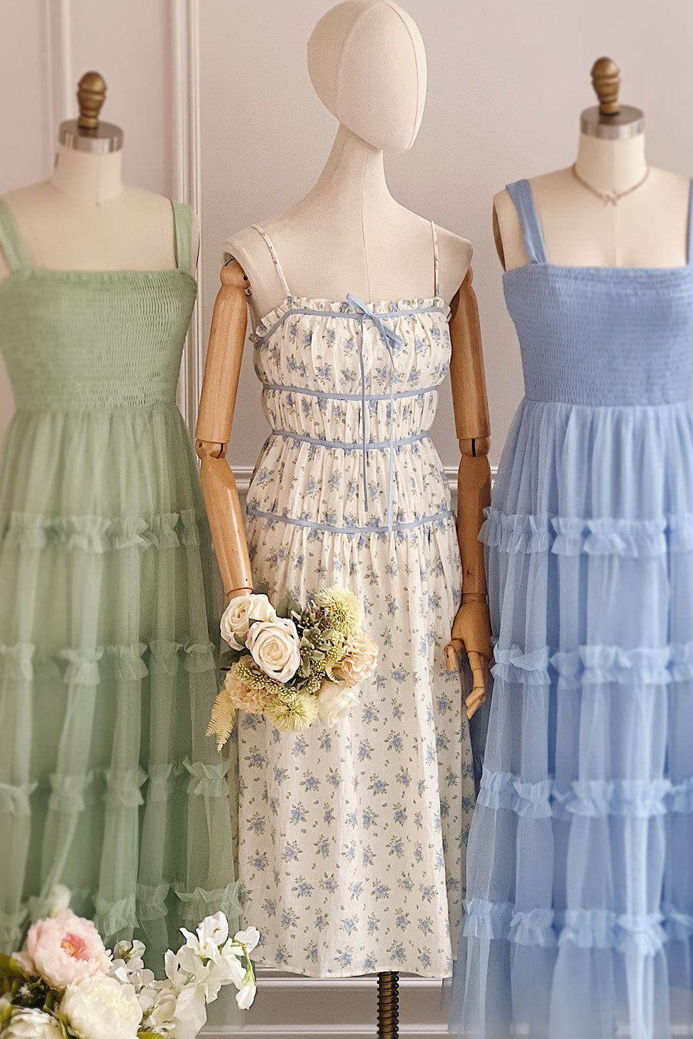 Yuriel Blue Floral A-Line Chiffon Midi Dress | Boutique 1861 front on model