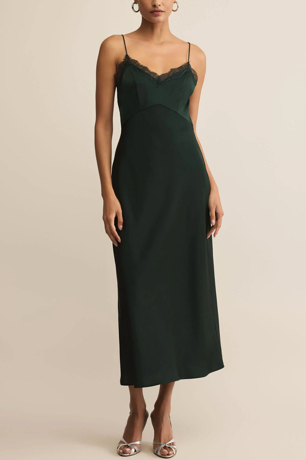 Zephara Green Satin Dress with Lace | La petite garçonne front model