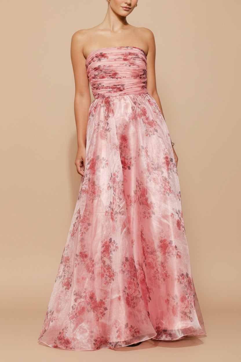 front of women wearing Zouleikha Pink Floral Maxi Strapless Dress from Boutique 1861