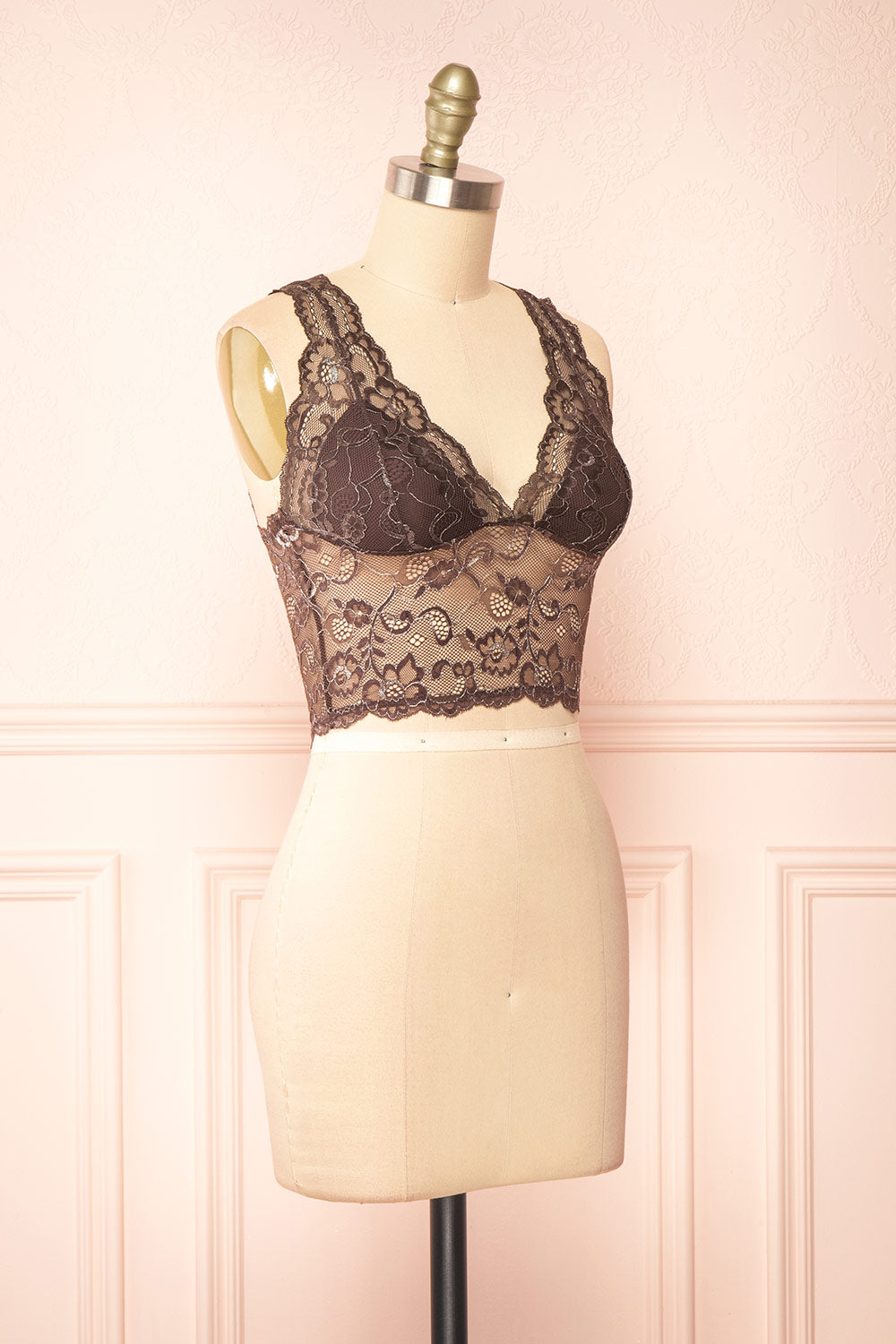 Zerline Brown Floral Lace Bralette w/ Silver Detailing | Boutique 1861 side view